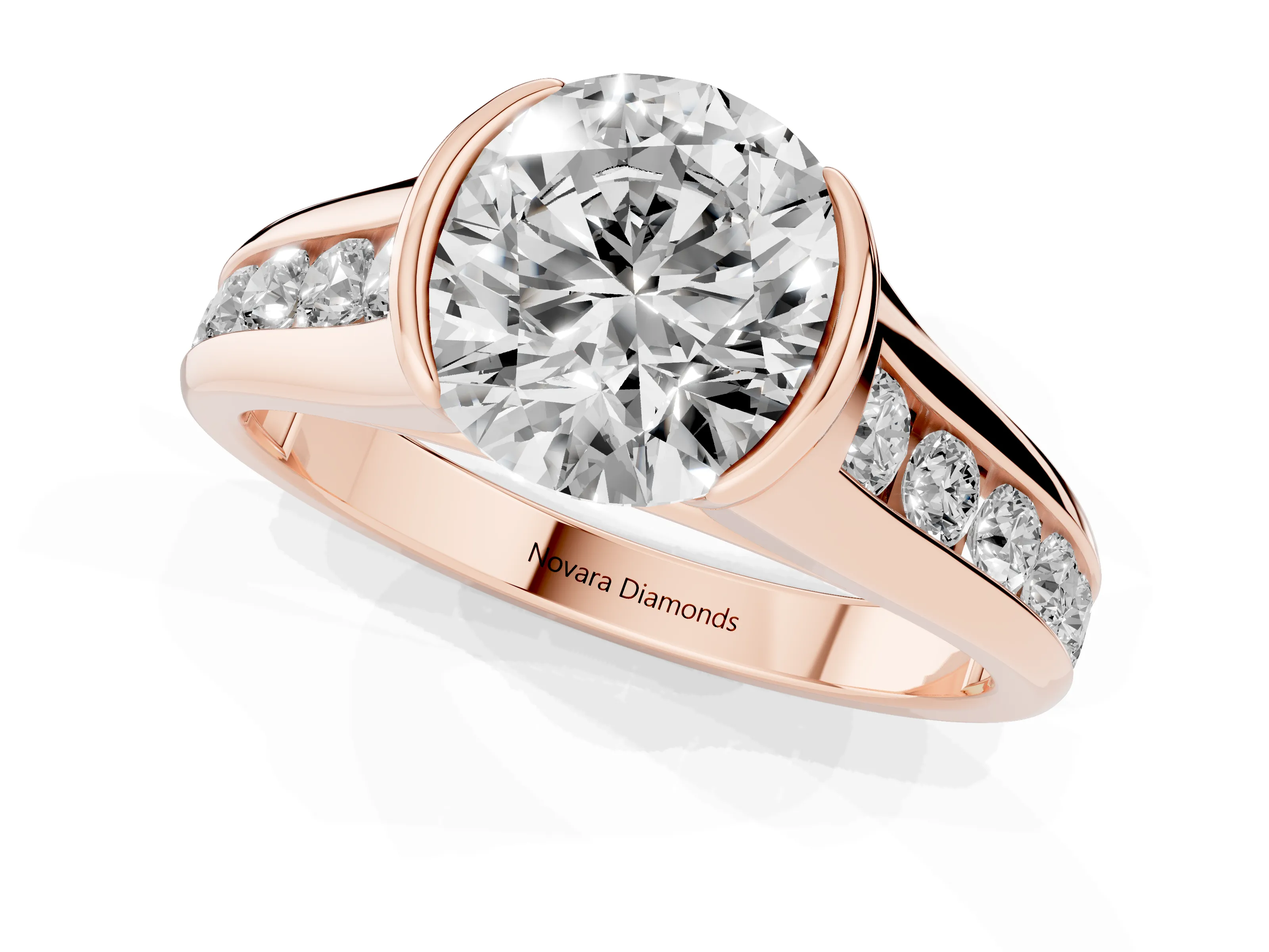 Round Cut Diamond Bezel-Set Solitaire Ring Set in Rose gold with Channel-Set Band