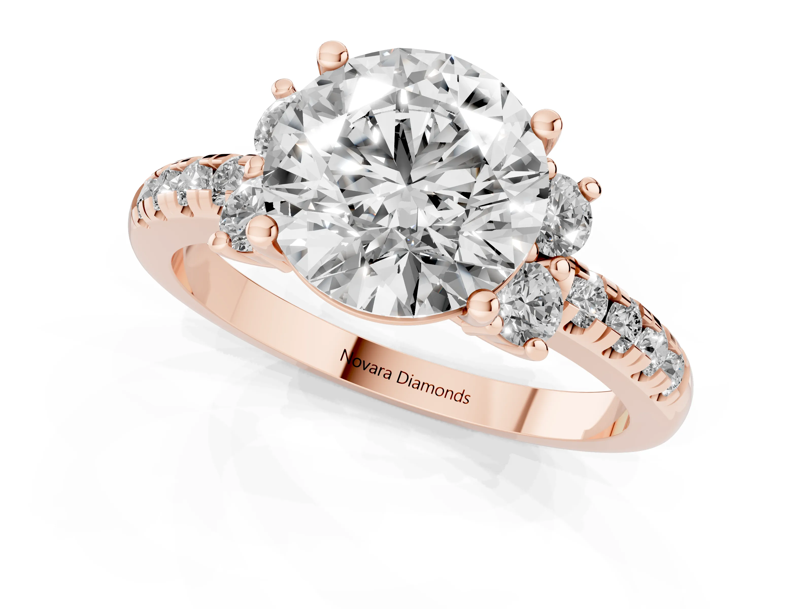 Round Cut Diamond Three-Stone Pavé Ring Set in Rose gold with Prong Setting