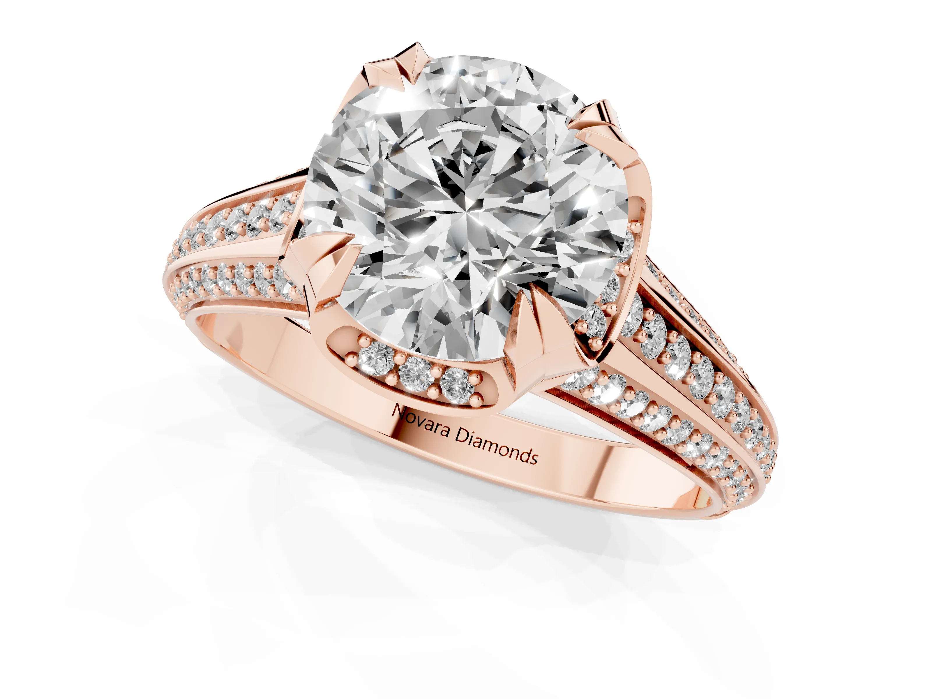 Round Cut Diamond Pavé Split Shank Solitaire Ring Set in Rose gold with Prong Setting