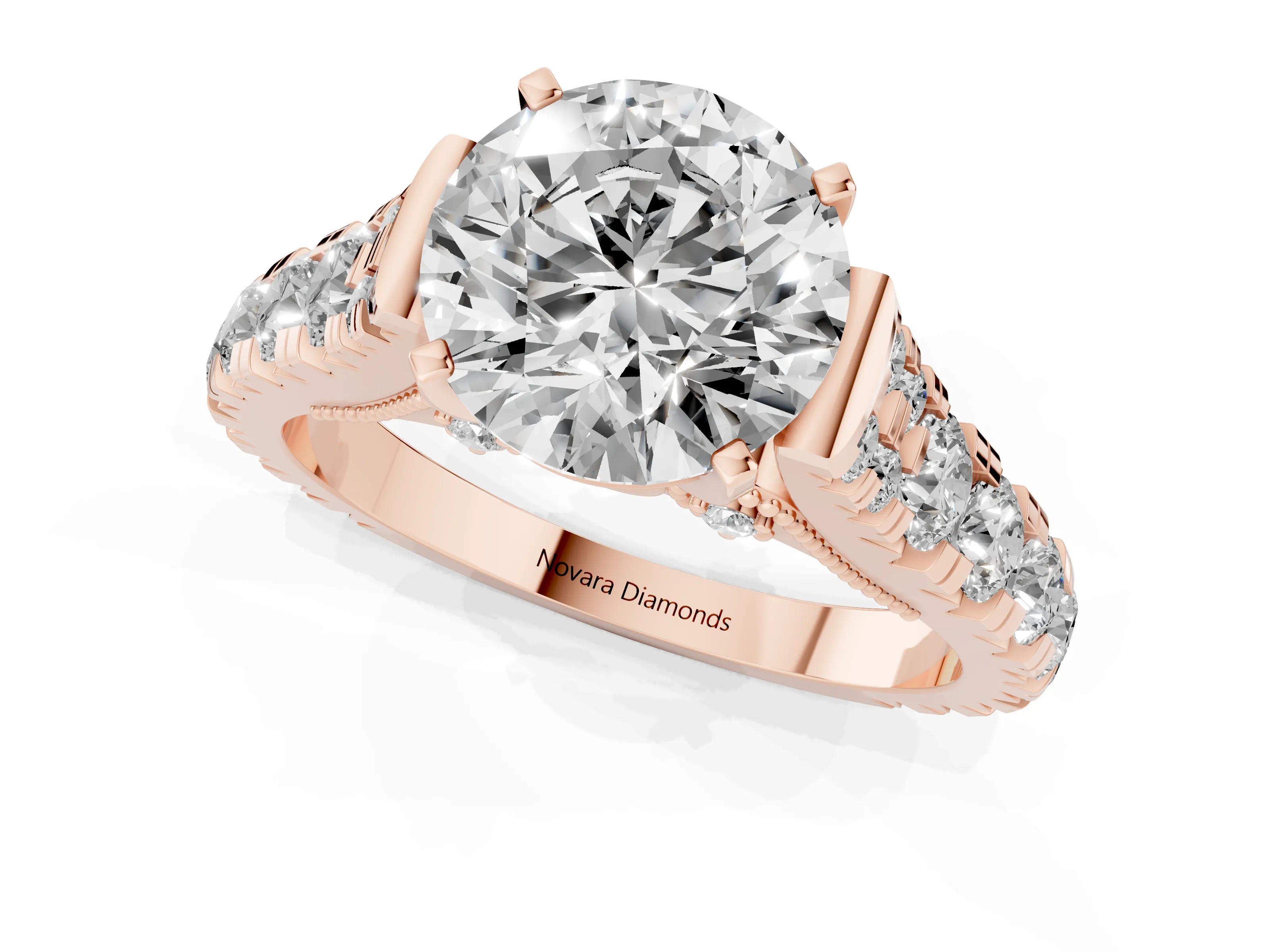Round Cut Diamond Classic Solitaire Ring Set in Rose gold with Pavé Band and Prong Setting
