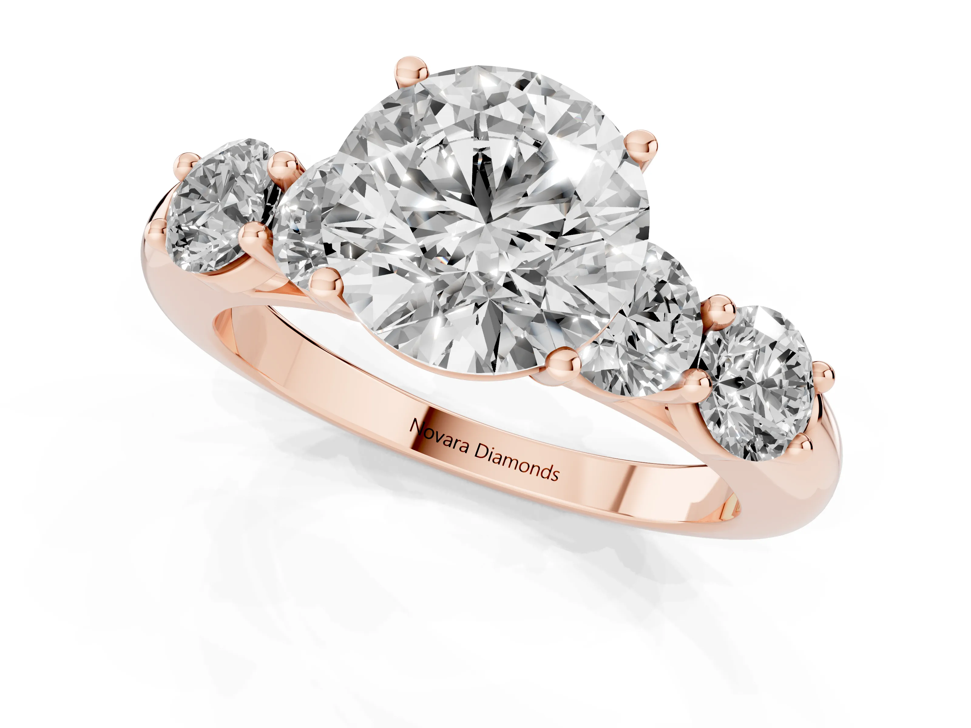 Round Cut Diamond Five-Stone Prong Set Ring Set in Rose gold with Classic Band