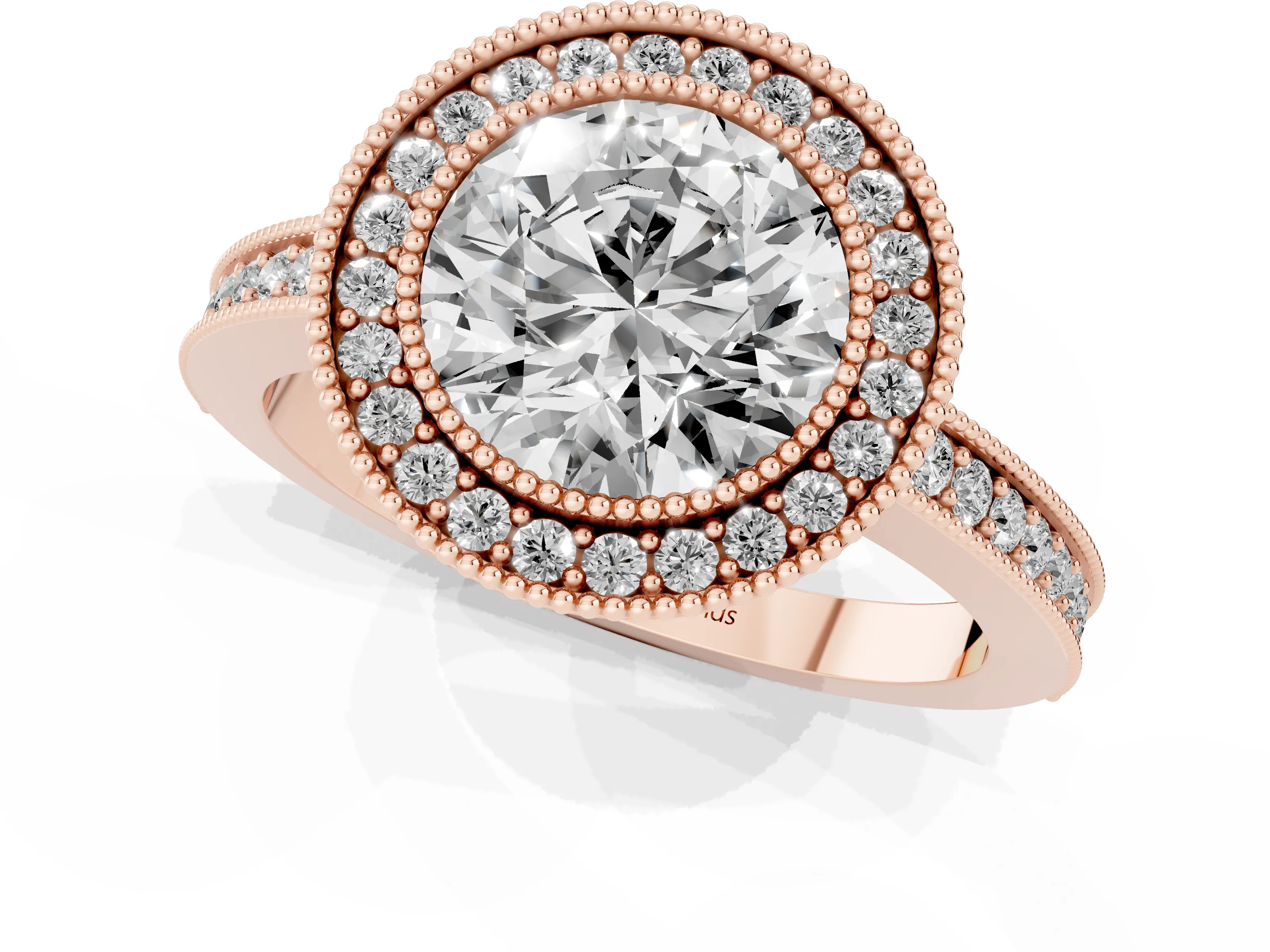Round Cut Diamond Round Halo Ring Set in Rose gold with Pavé Band