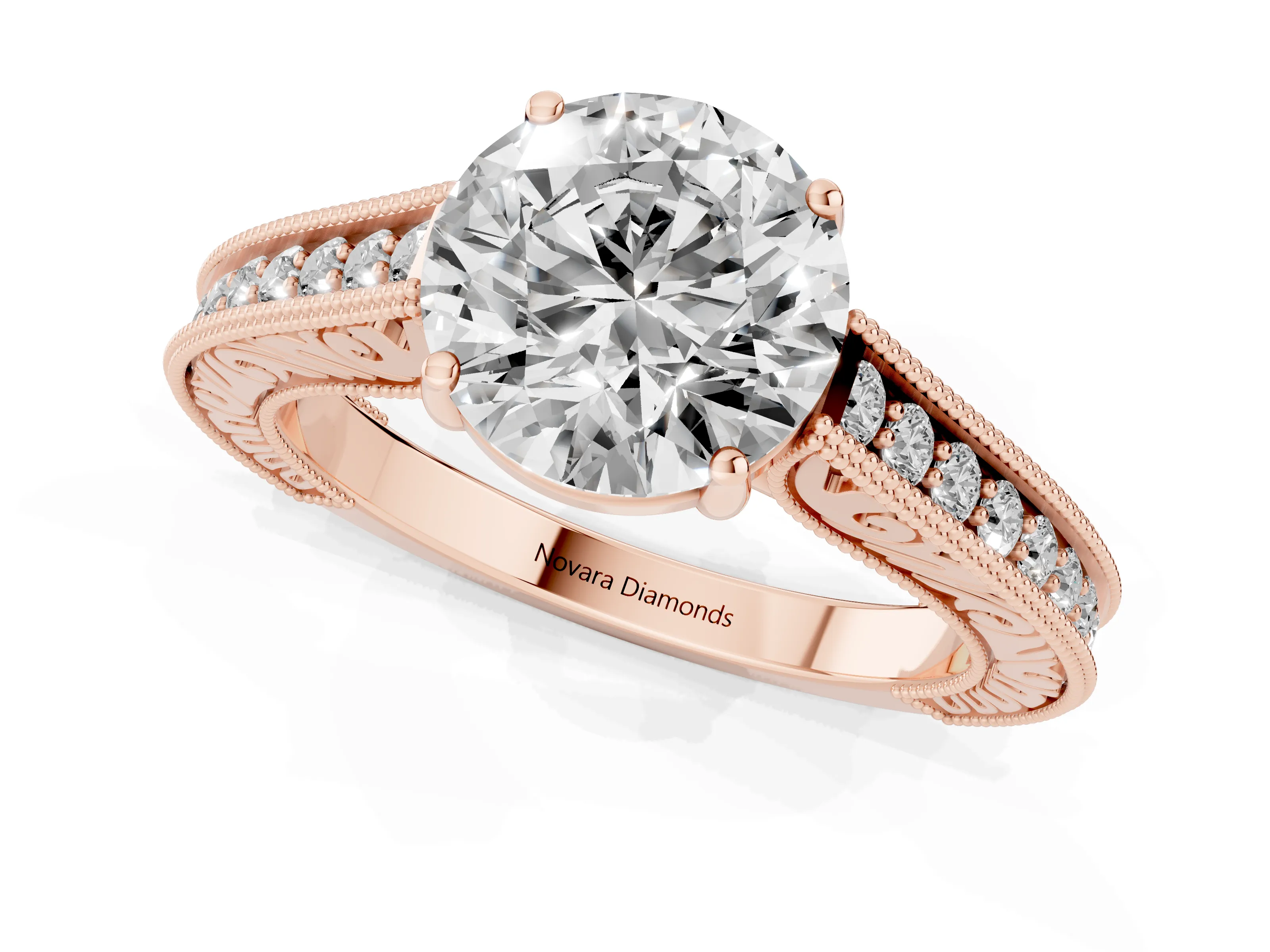 Round Cut Diamond Milgrain Pavé Band Solitaire Ring Set in Rose gold with Prong Setting