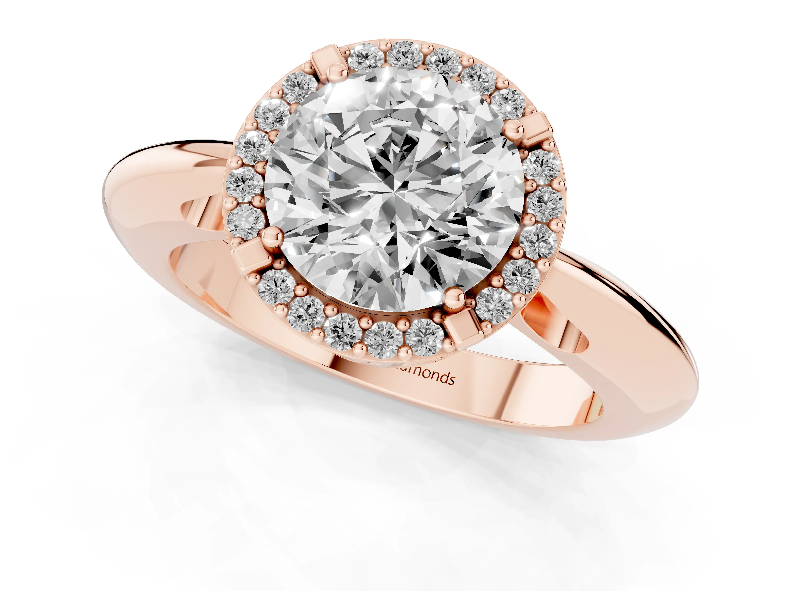 Round Cut Diamond Halo Engagement Ring Set in Rose gold with Plain Split Shank and Prong Setting