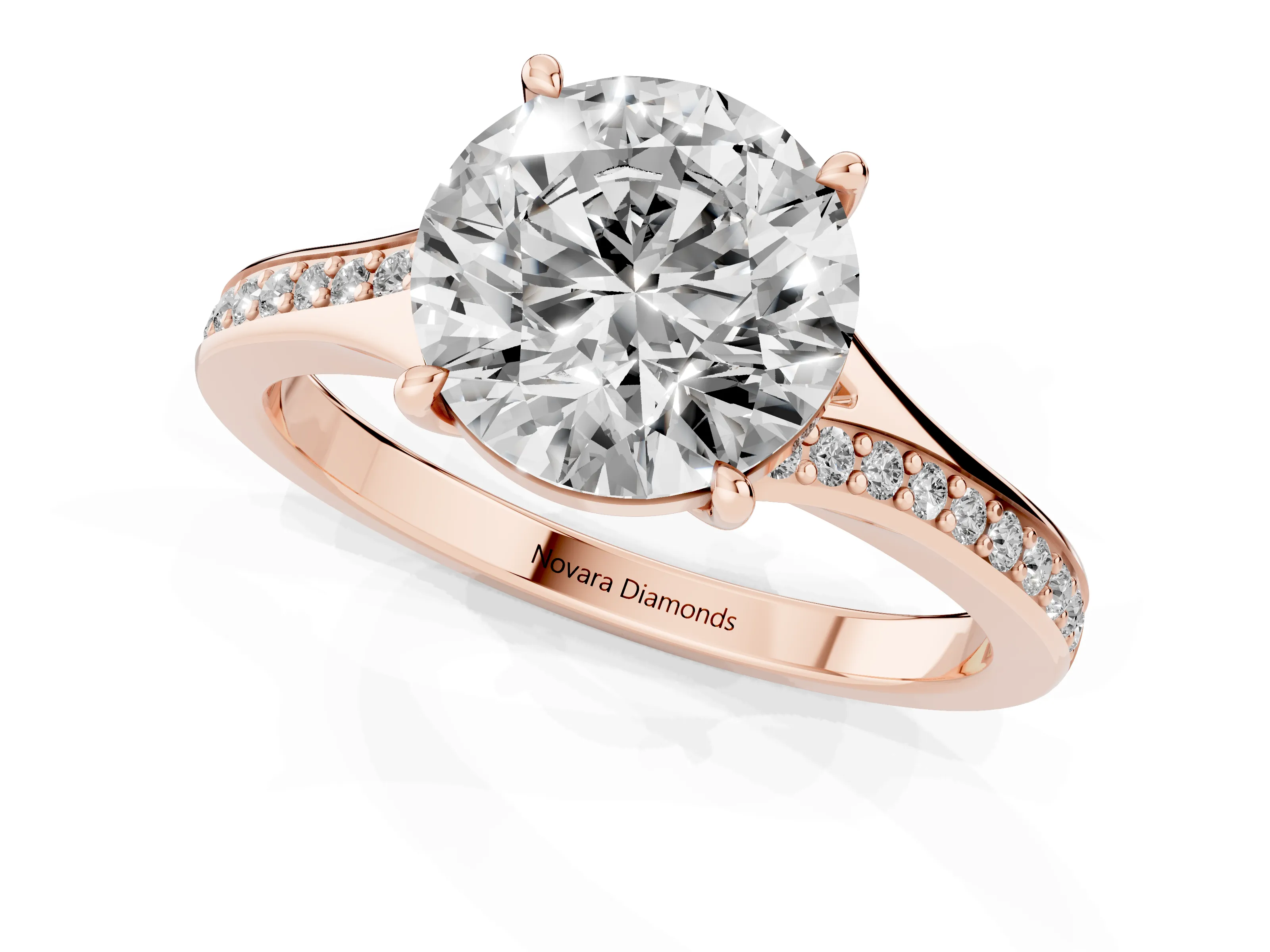 Round Cut Diamond Solitaire Ring Set in Rose gold with Pavé Accent Band and Classic Prong Setting