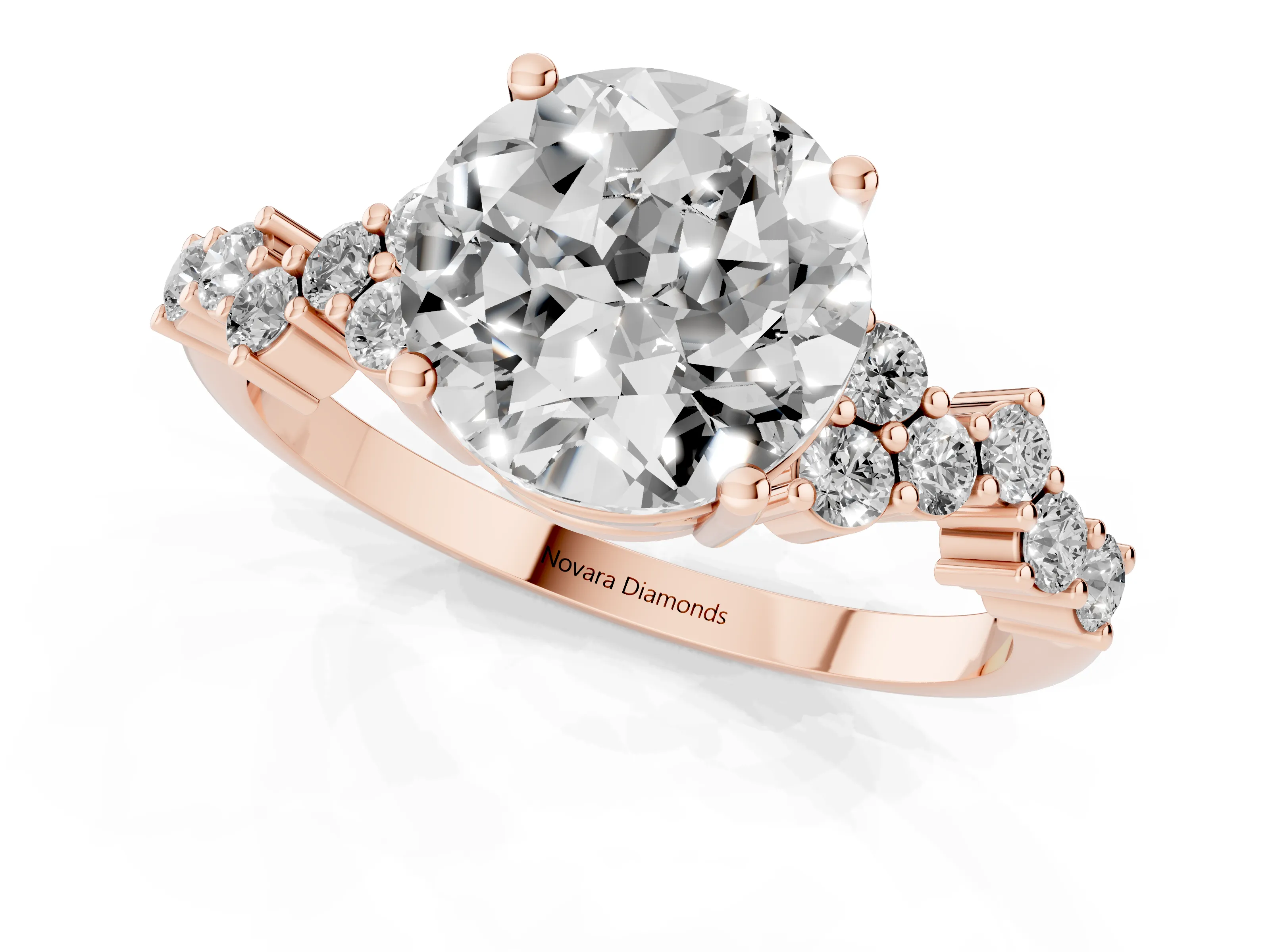 Round Cut Diamond Ring Set in Rose gold with Scattered Round Accents