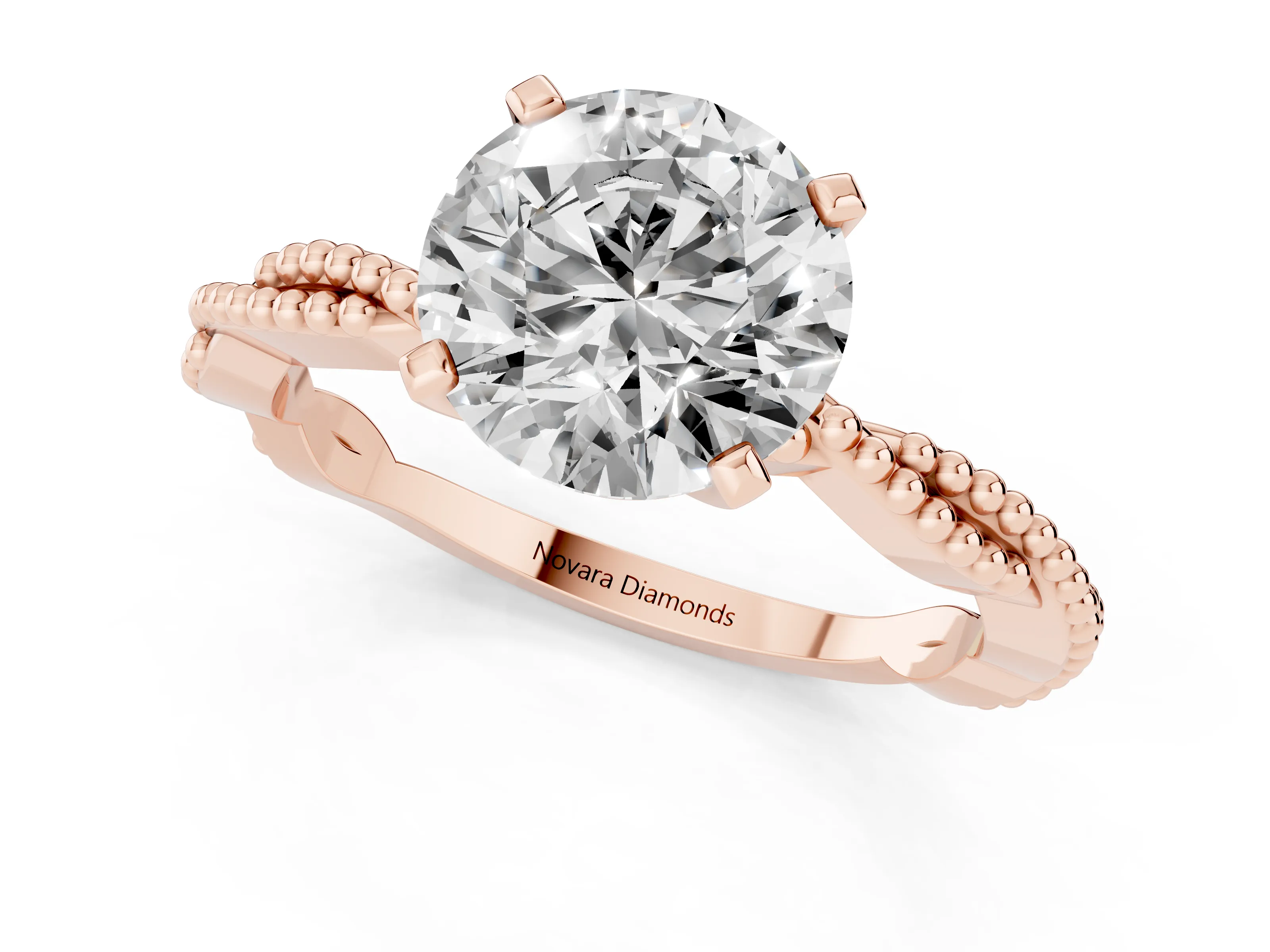 Round Cut Diamond Solitaire Ring Set in Rose gold with Twisted Band and Bead Prong Setting – second view