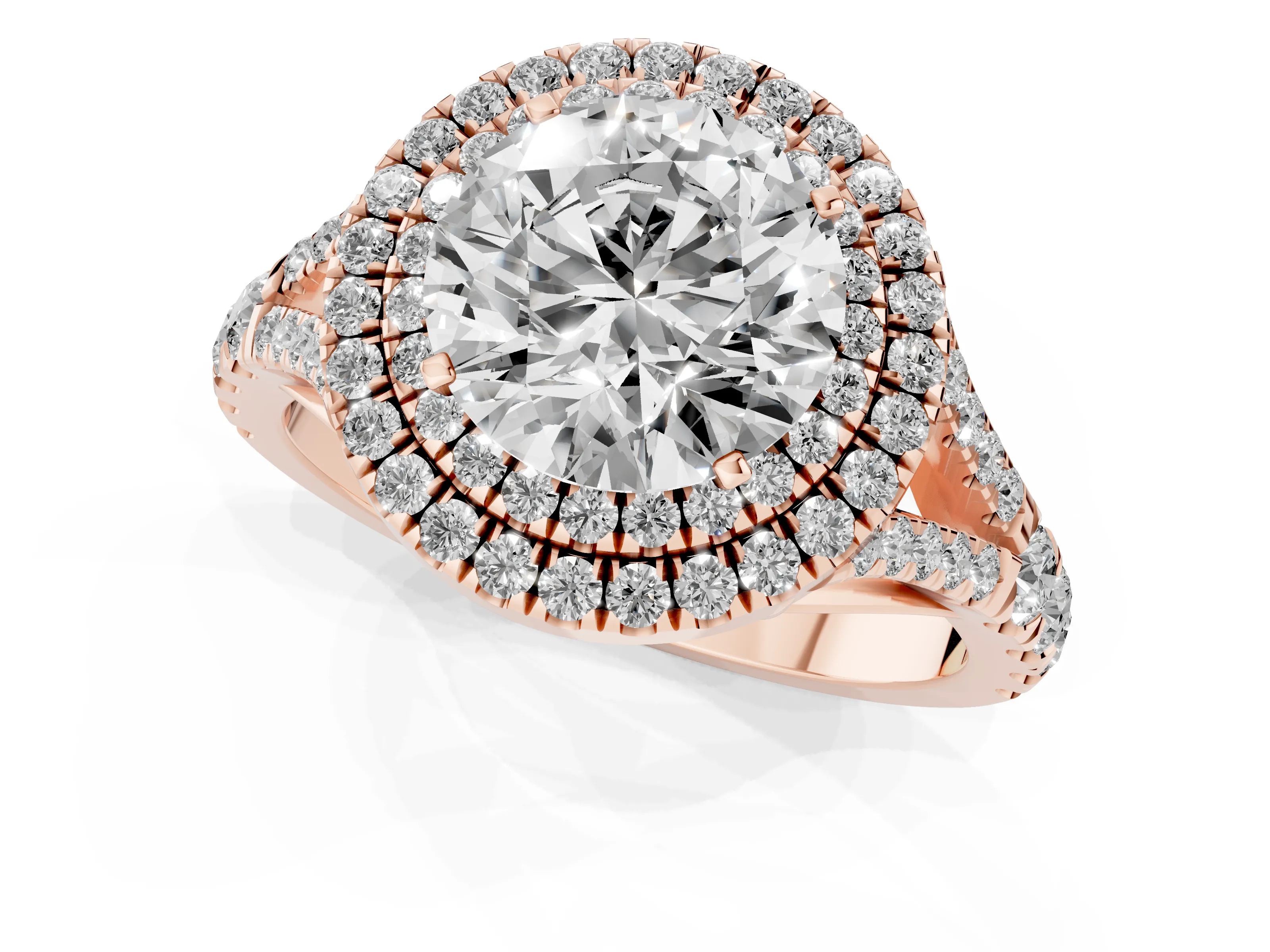 Round Cut Diamond Pavé Split Shank Double Halo Engagement Ring Set in Rose gold