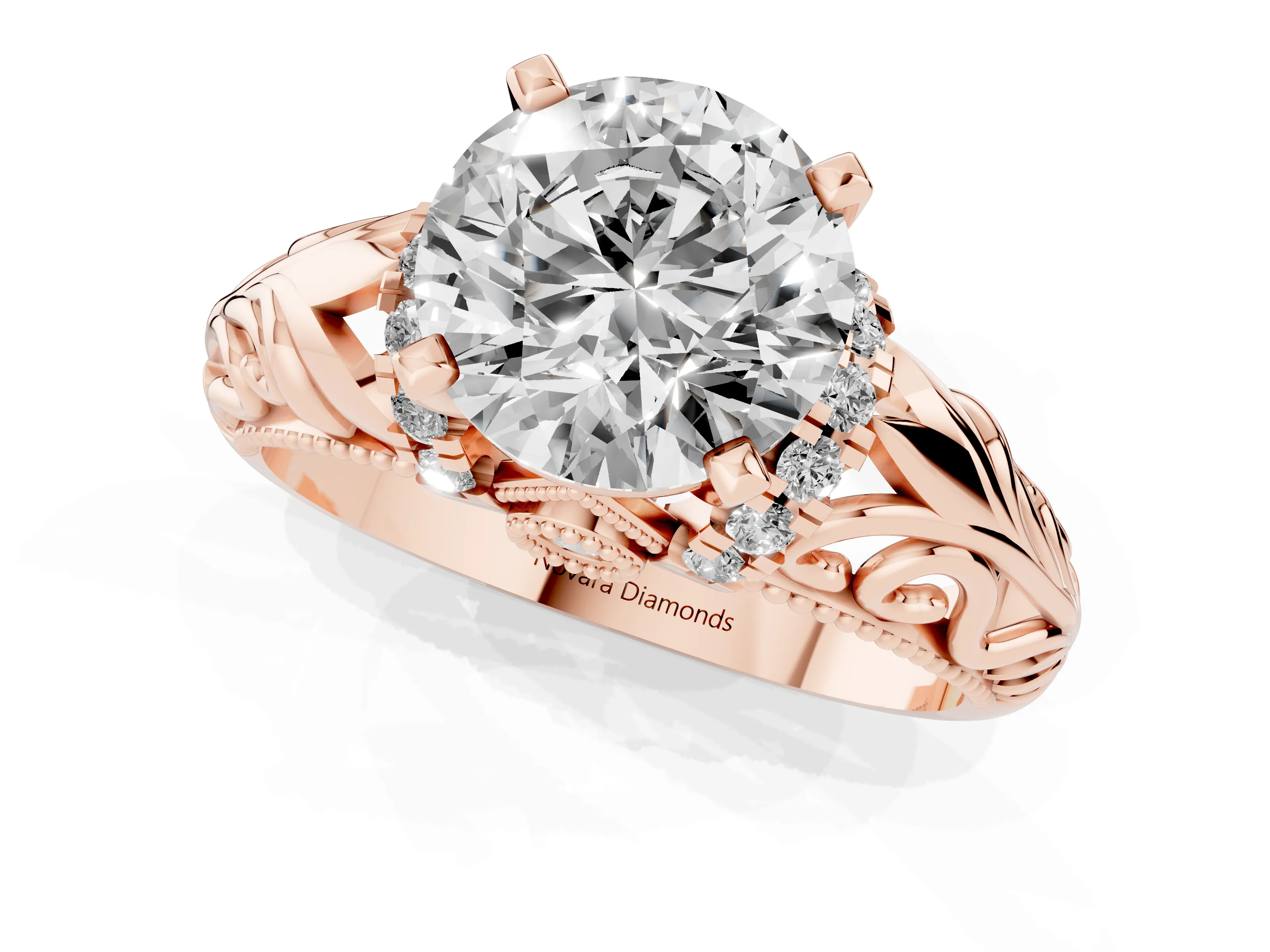 Round Cut Diamond Filigree Halo Engagement Ring Set in Rose gold with Prong Setting