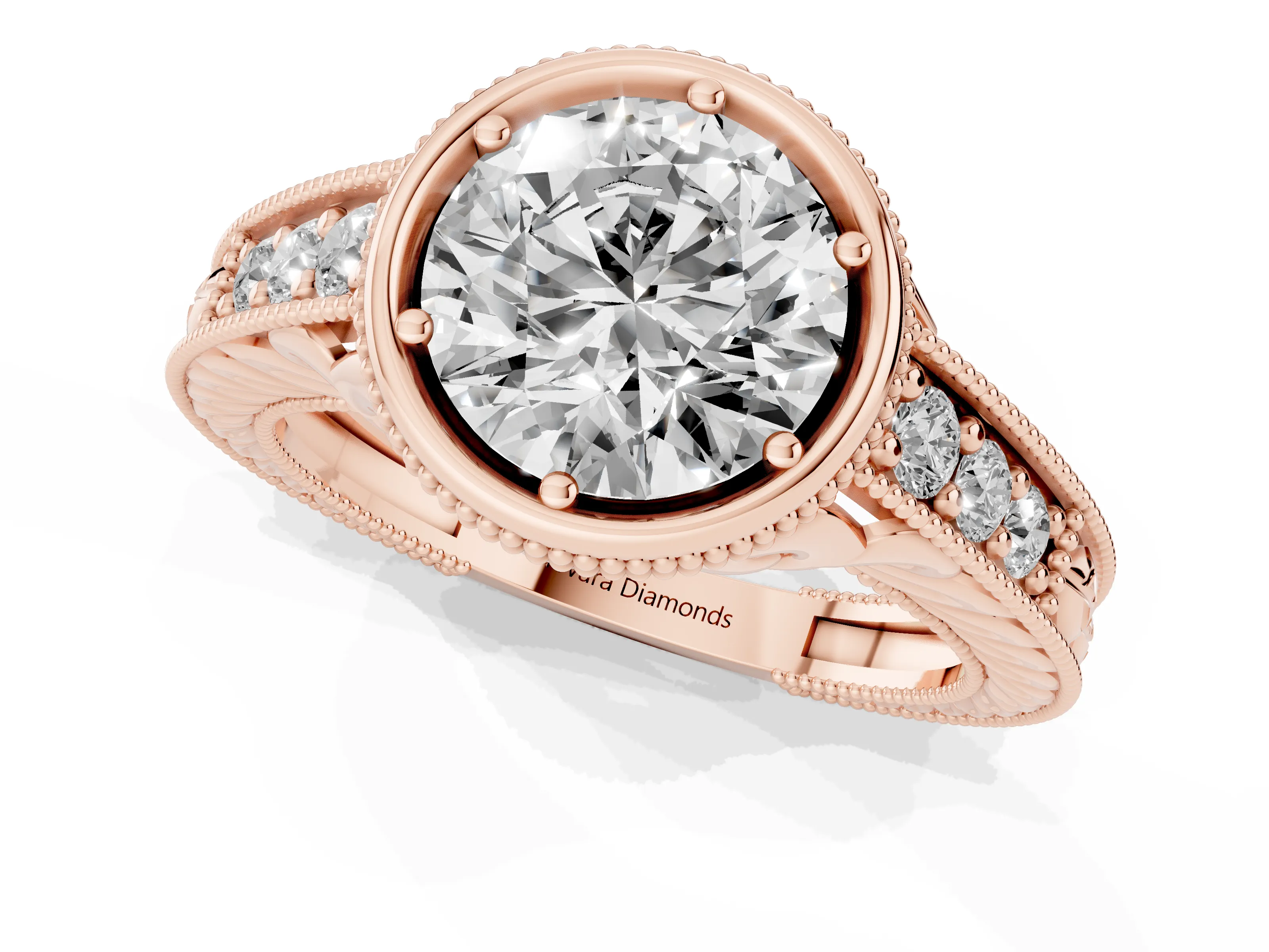 Bezel Set Round Cut Diamond Milgrain Pavé Engagement Ring Set in Rose gold – second view