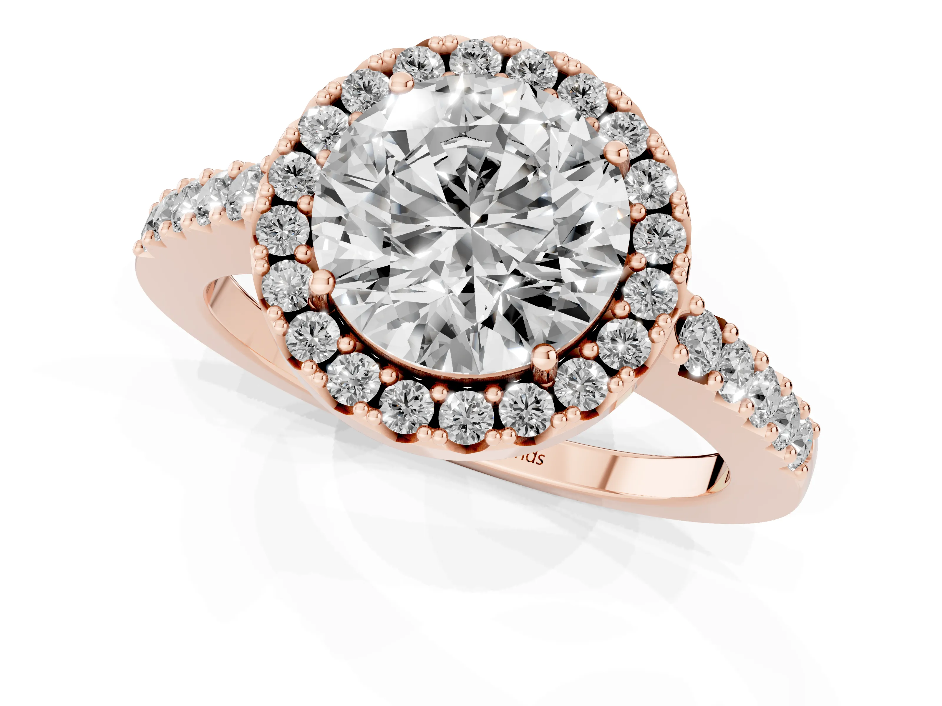 Round Cut Diamond Halo Pavé Solitaire Ring Set in Rose gold with Prong-Set Center Stone