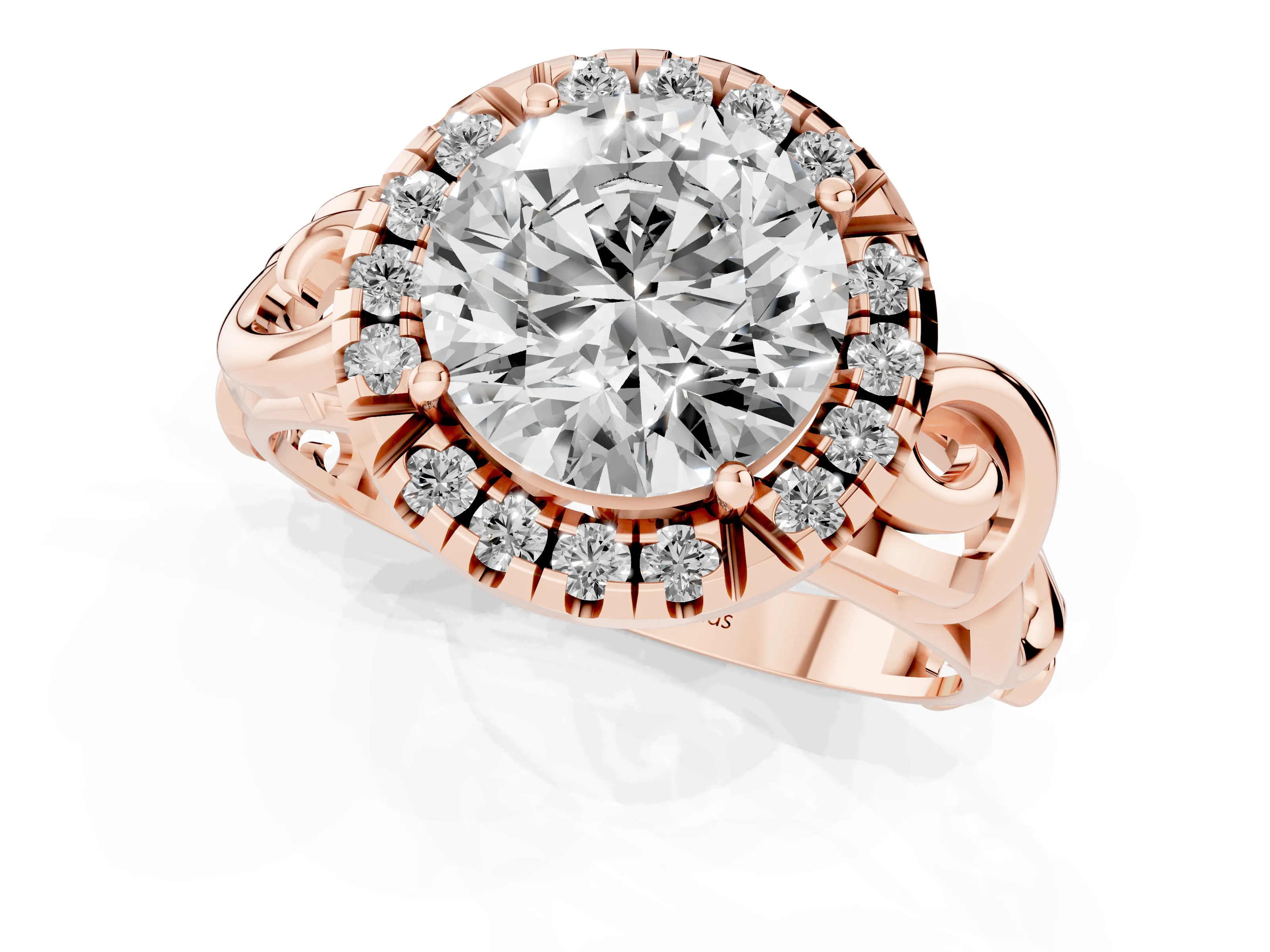 Round Cut Diamond Halo Ring Set in Rose gold with Scrollwork Band and Prong Setting