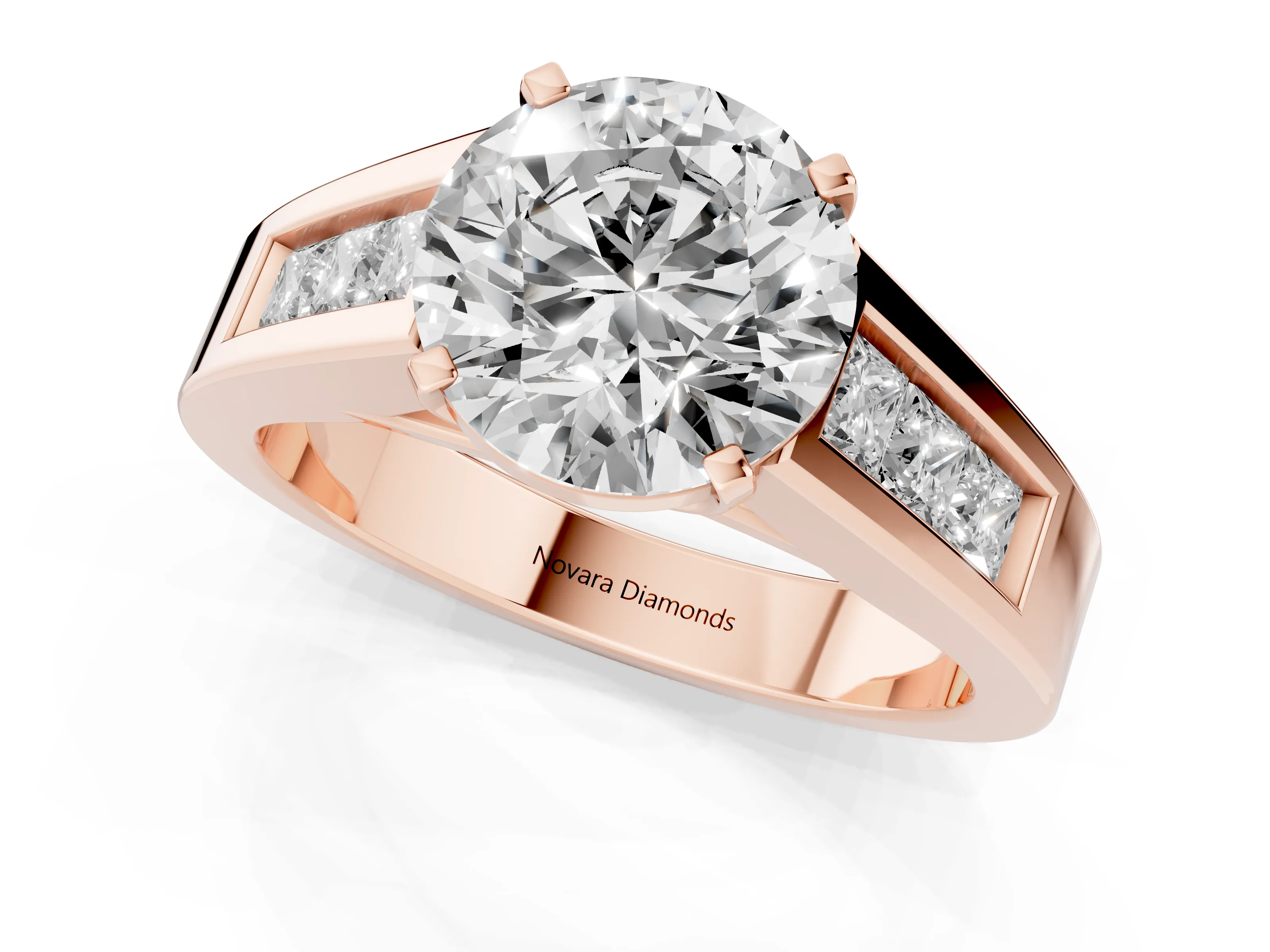 Round Cut Diamond Solitaire Ring Set in Rose gold with Channel-Set Accent Stones and Prong Setting – second view
