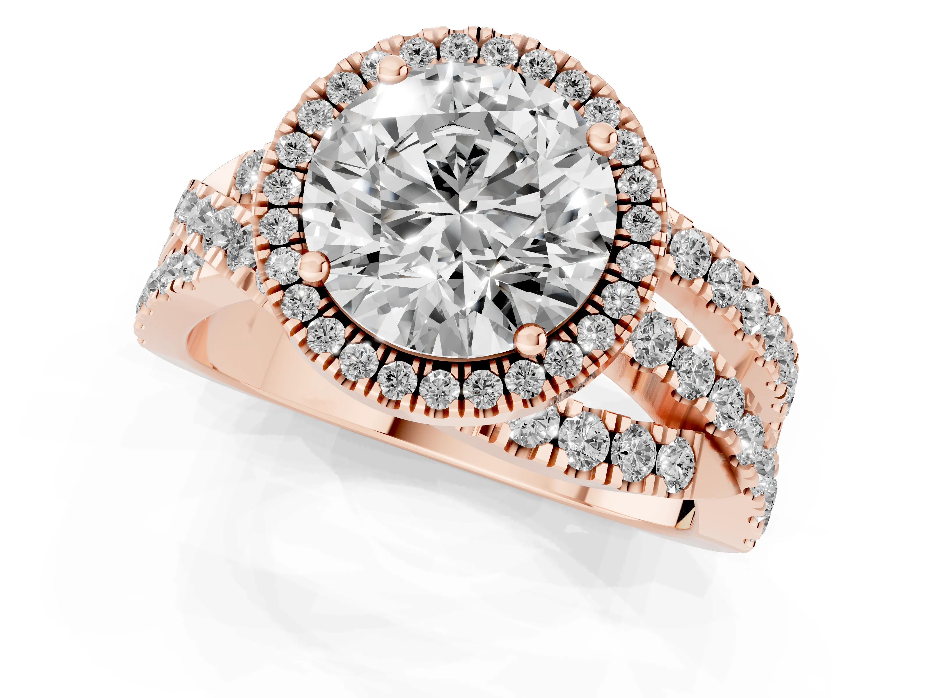 Round Cut Diamond Halo Ring Set in Rose gold with Round Crossover Split Shank and Prong Setting