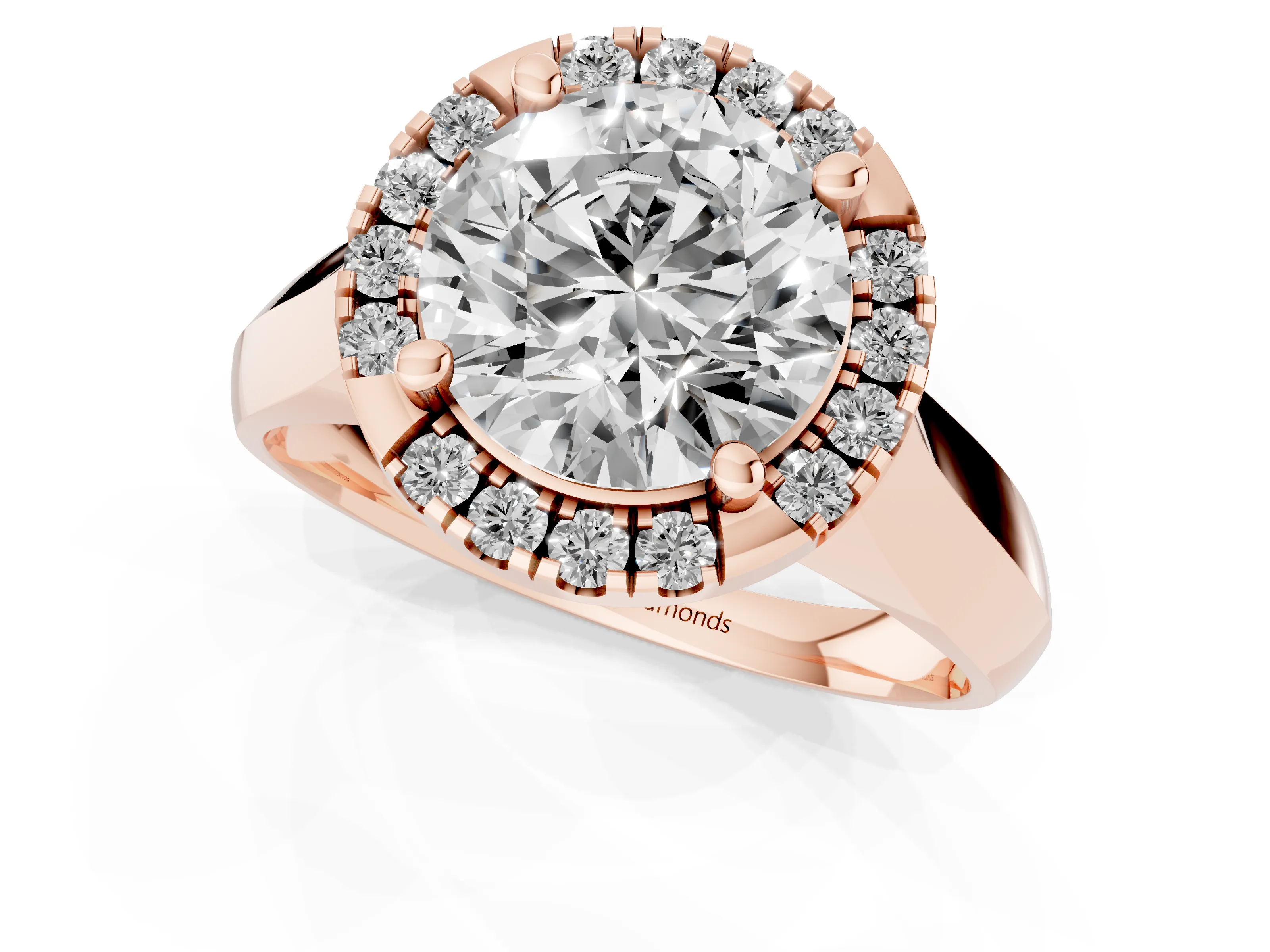 Round Cut Diamond Halo Solitaire Engagement Ring Set in Rose gold with Square Band and Prong Setting
