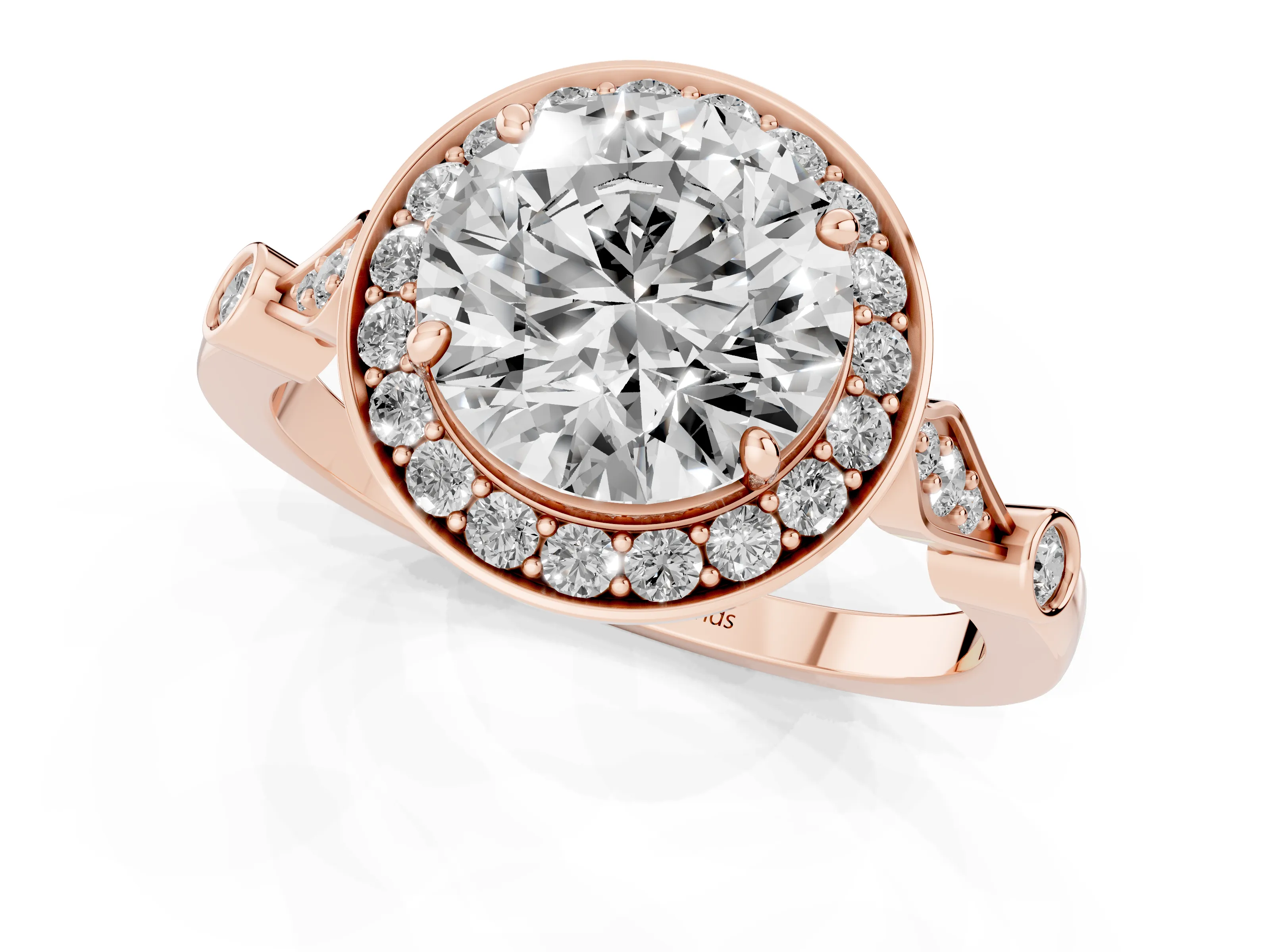 Round Cut Diamond Halo Engagement Ring Set in Rose gold with Twisted Band and Prong Setting