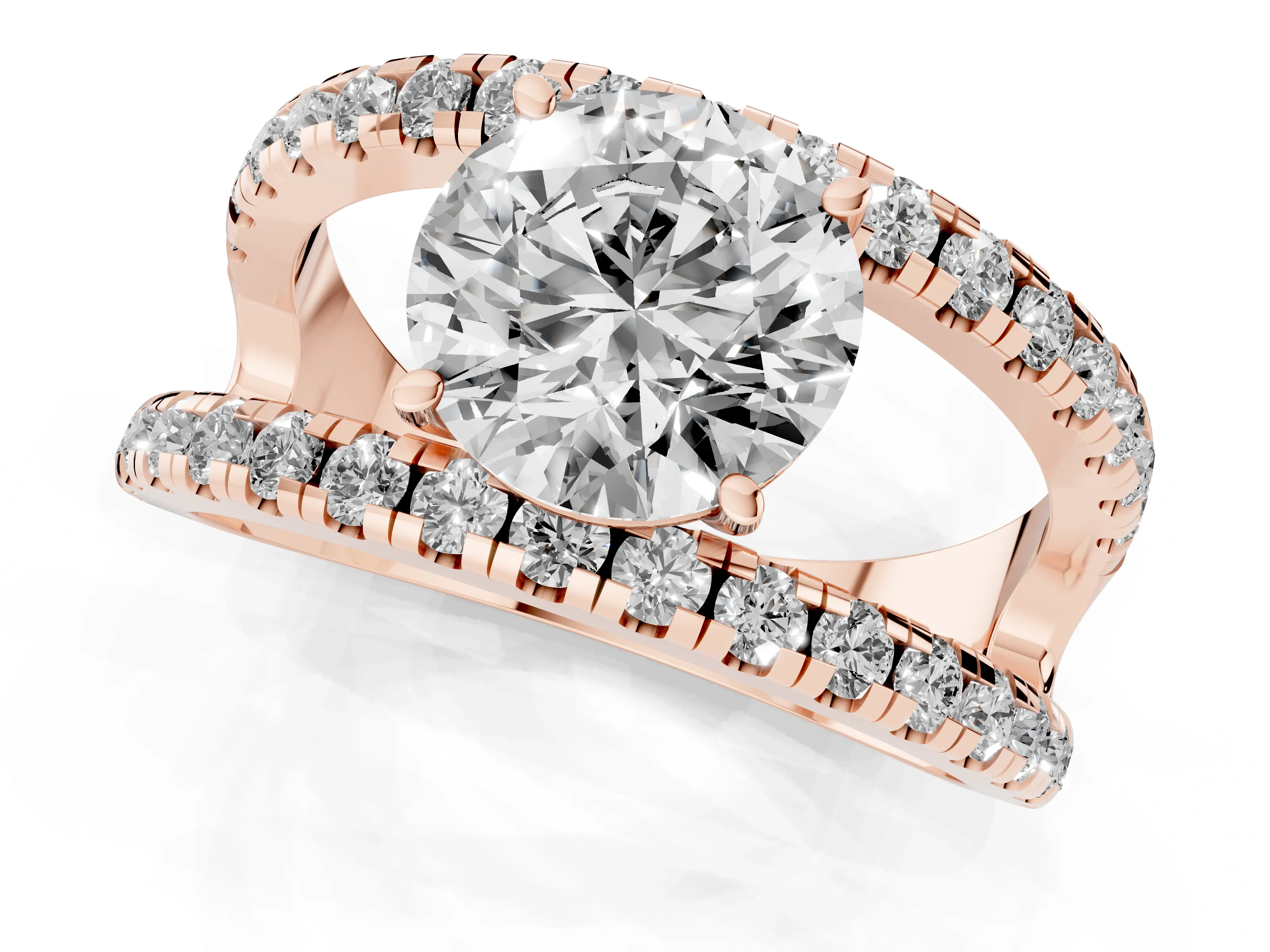 Round Cut Diamond Split Shank Pavé Solitaire Ring Set in Rose gold with Open Shank Design