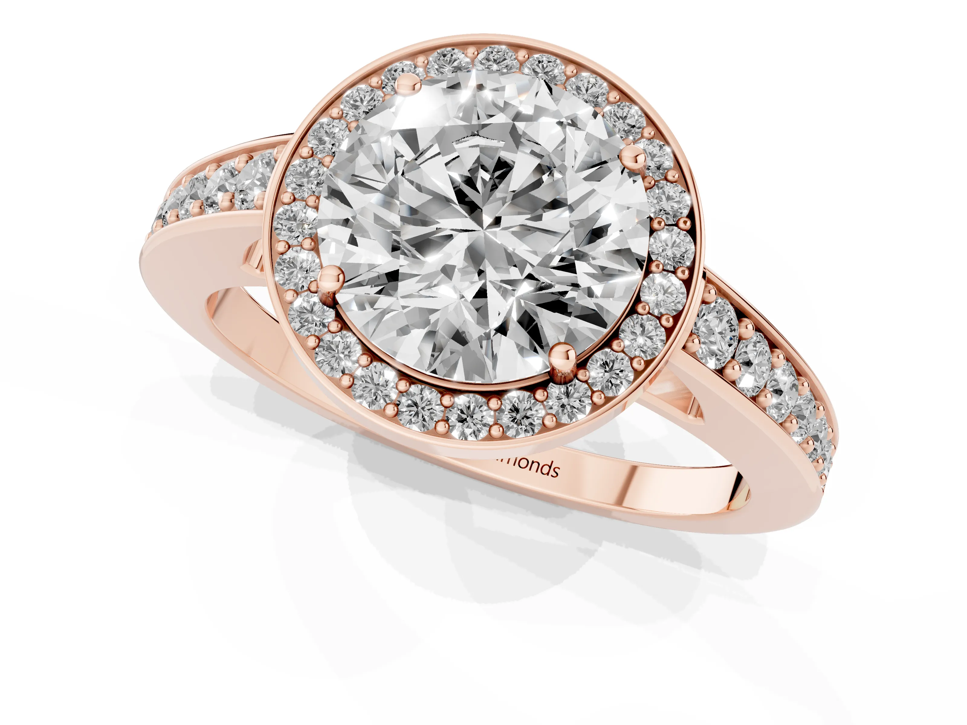 Round Cut Diamond Halo Pavé Engagement Ring Set in Rose gold with Bezel Setting