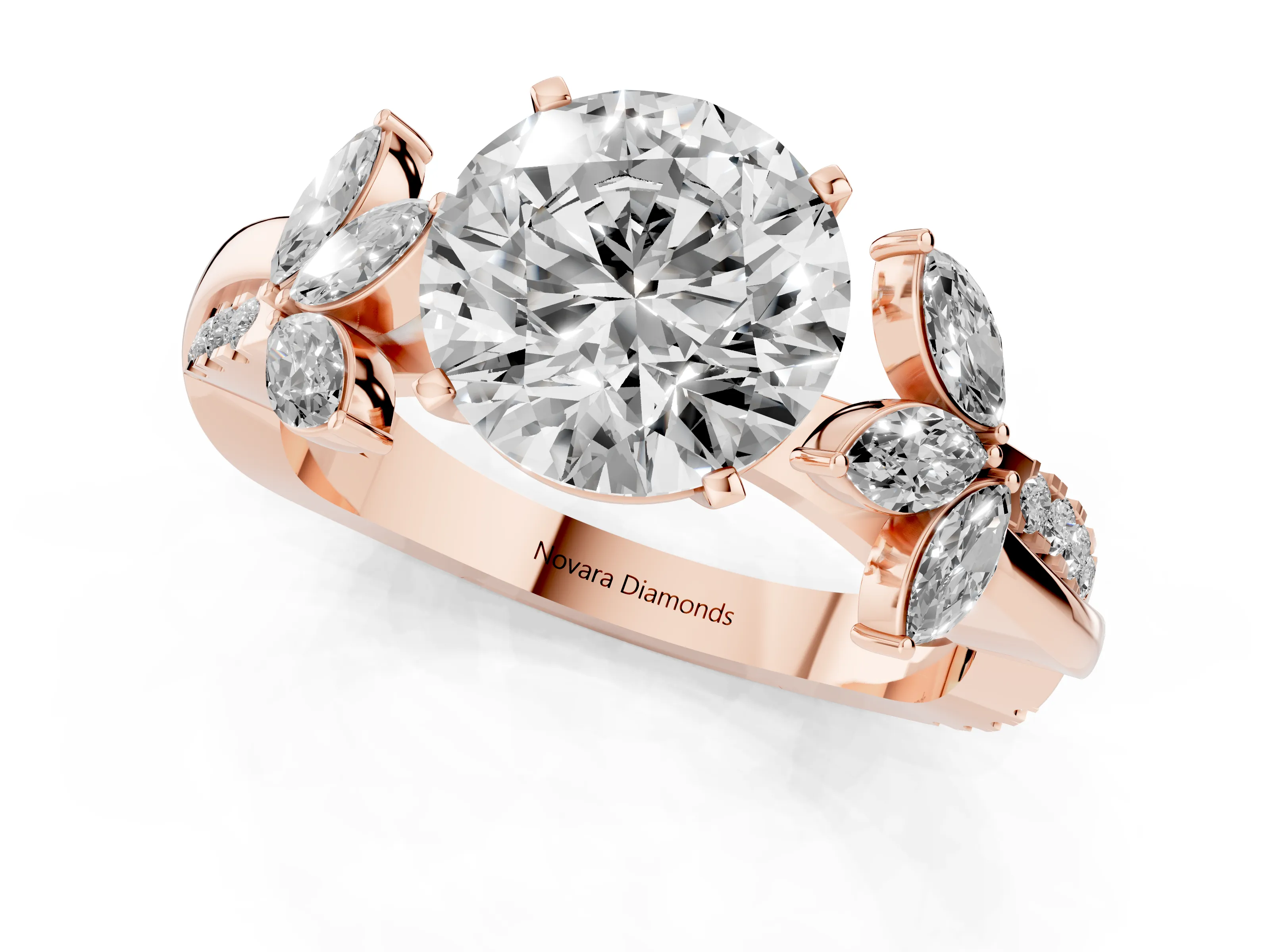 Round Cut Diamond Floral Vine Solitaire Engagement Ring Set in Rose gold with Marquise Leaves – second view