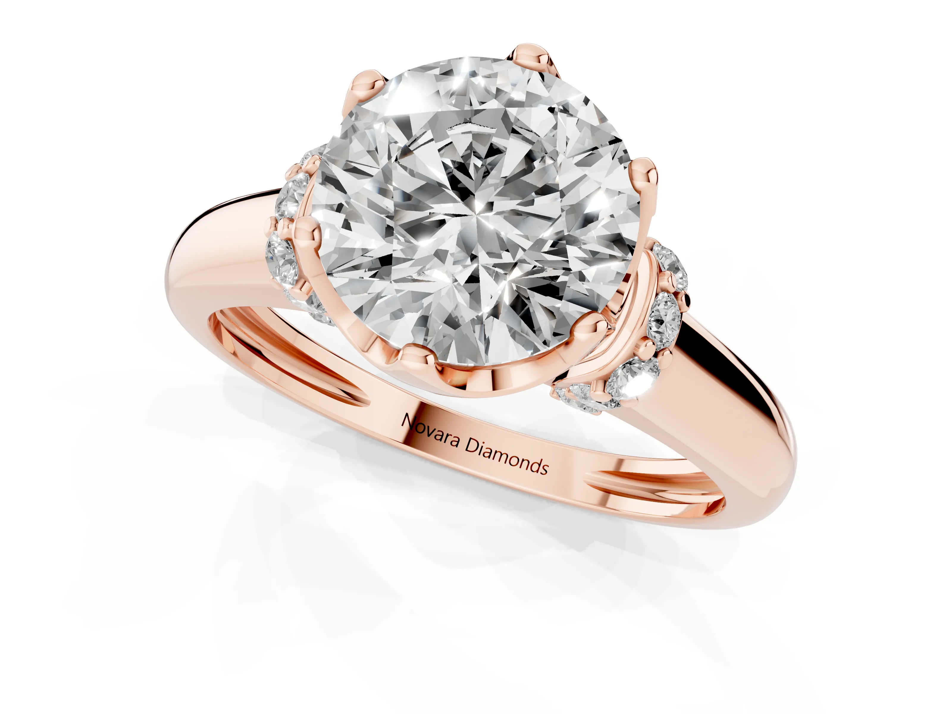 Round Cut Diamond Cathedral Solitaire Engagement Ring Set in Rose gold with Pavé Accents – second view
