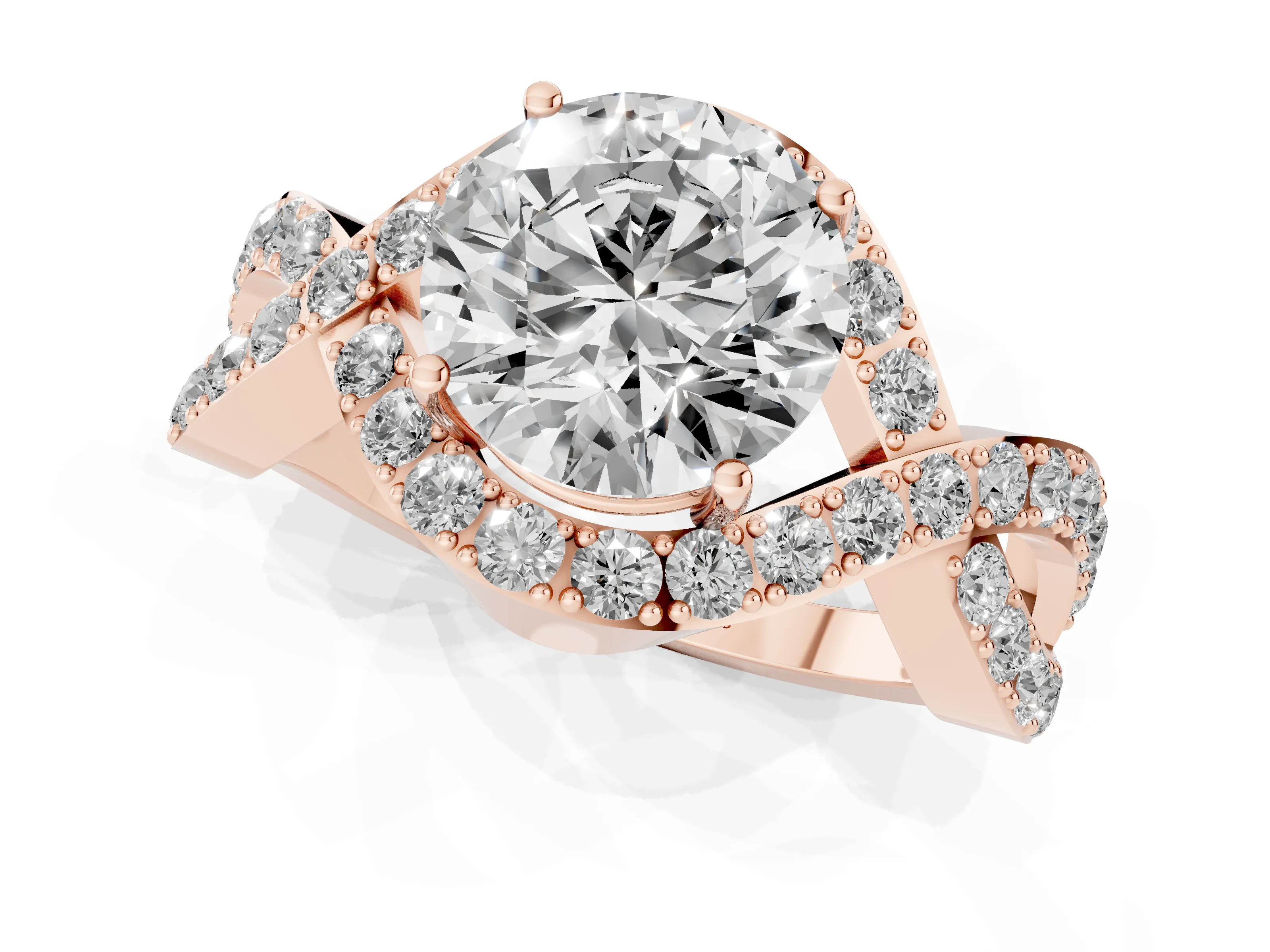 Round Cut Diamond Solitaire Twist Band Pavé Engagement Ring Set in Rose gold