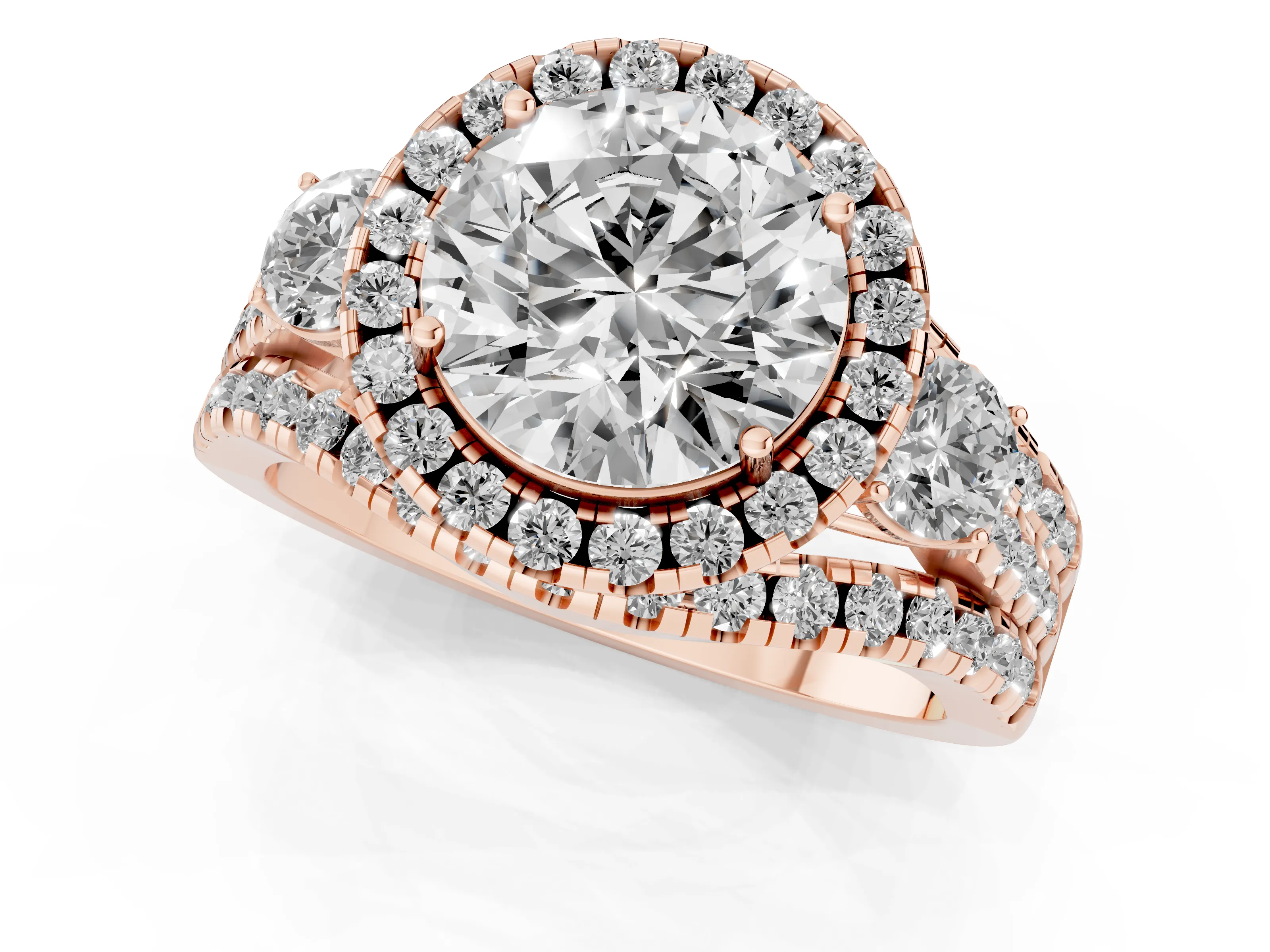 Round Cut Diamond Halo Split Shank Ring Set in Rose gold with Round Accent Stones and Prong Setting