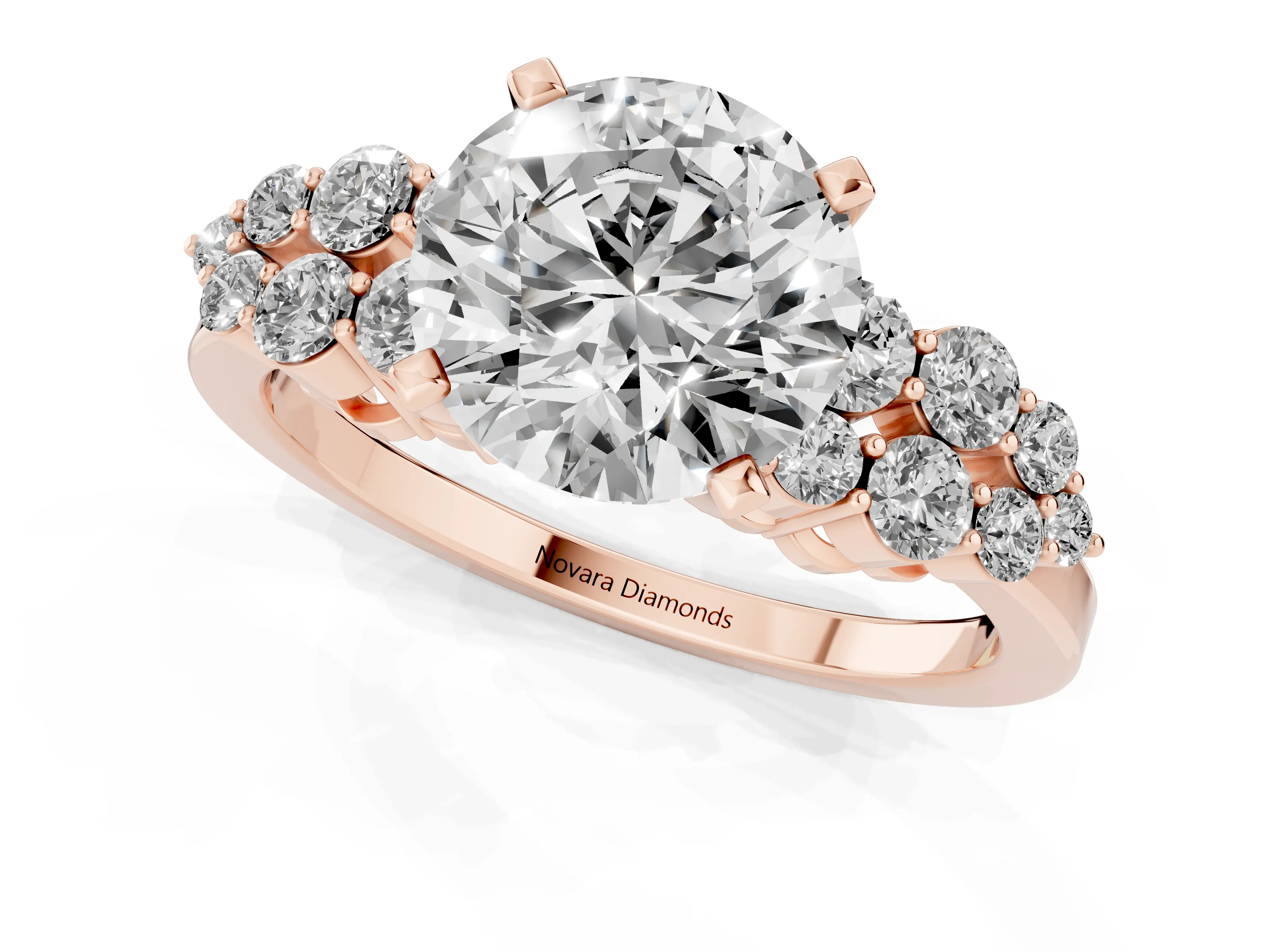 Round Cut Diamond Cluster Engagement Ring Set in Rose gold with Pavé Band and Prong Setting