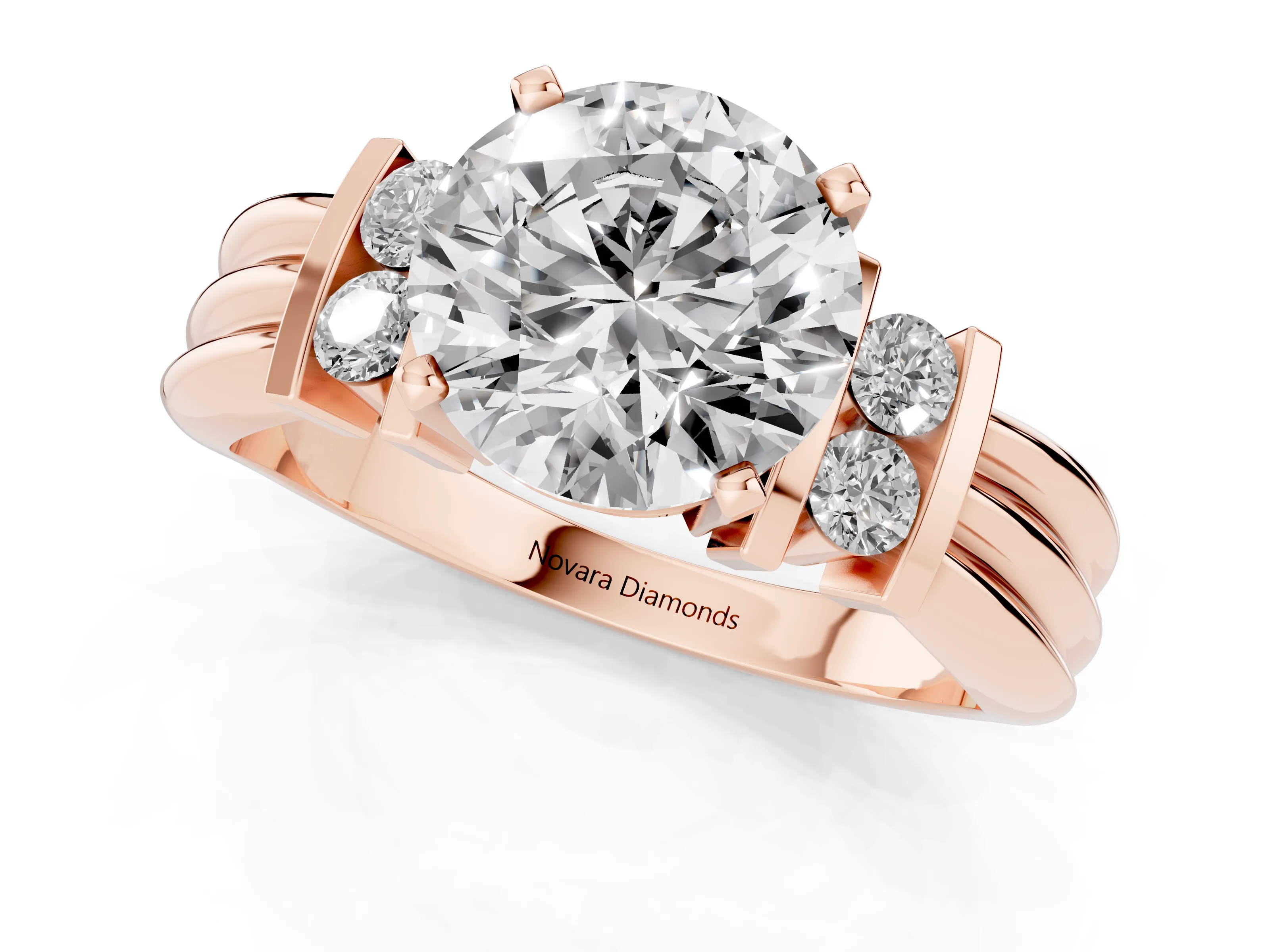 Three-Stone Round Cut Diamond Channel Set Ring Set in Rose gold with Bar Prongs