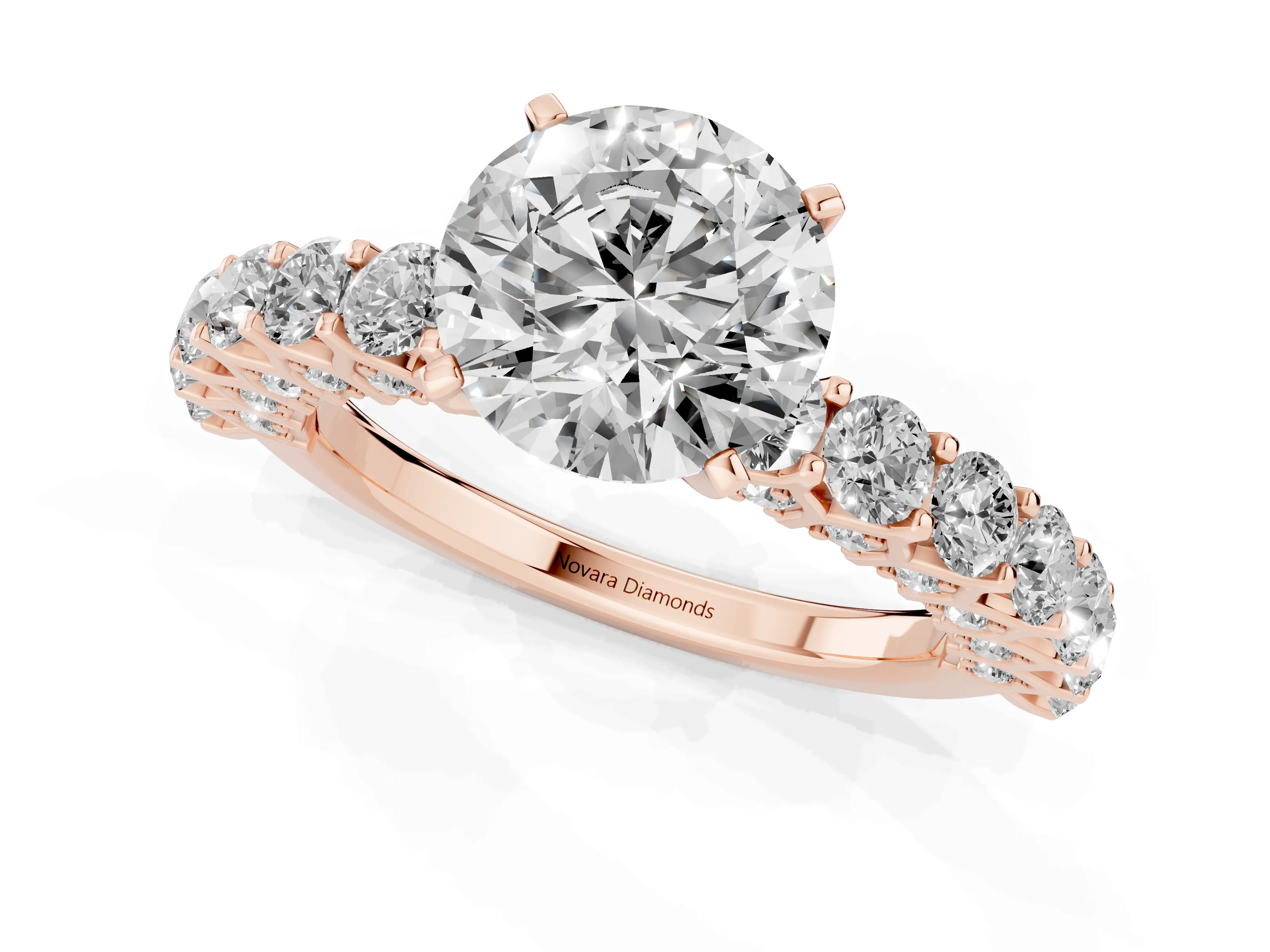 Round Cut Diamond Solitaire Ring Set in Rose gold with Shared Prong Pavé Band