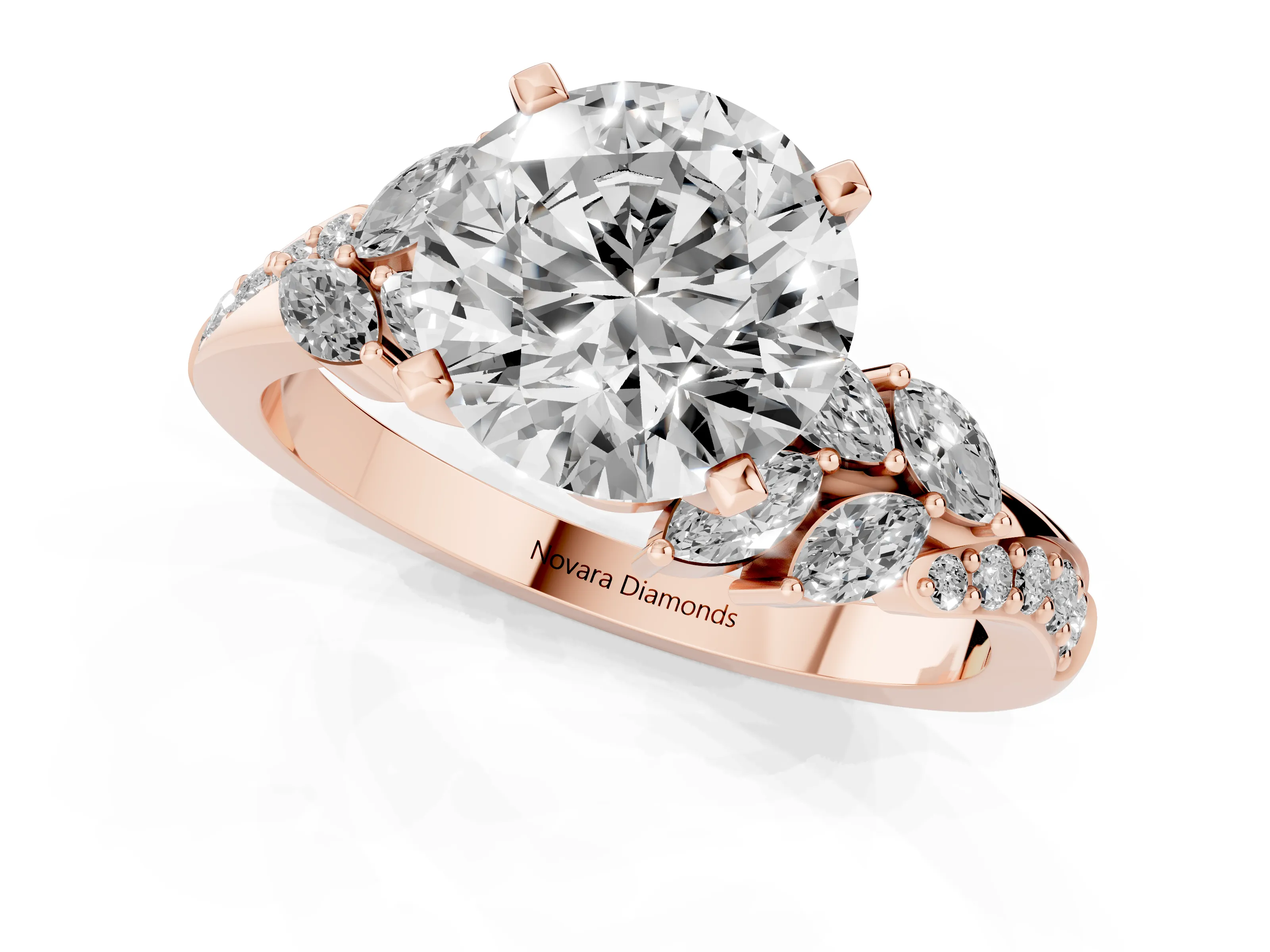 Round Cut Diamond Solitaire Ring Set in Rose gold with Marquise Twist Band and Prong Setting