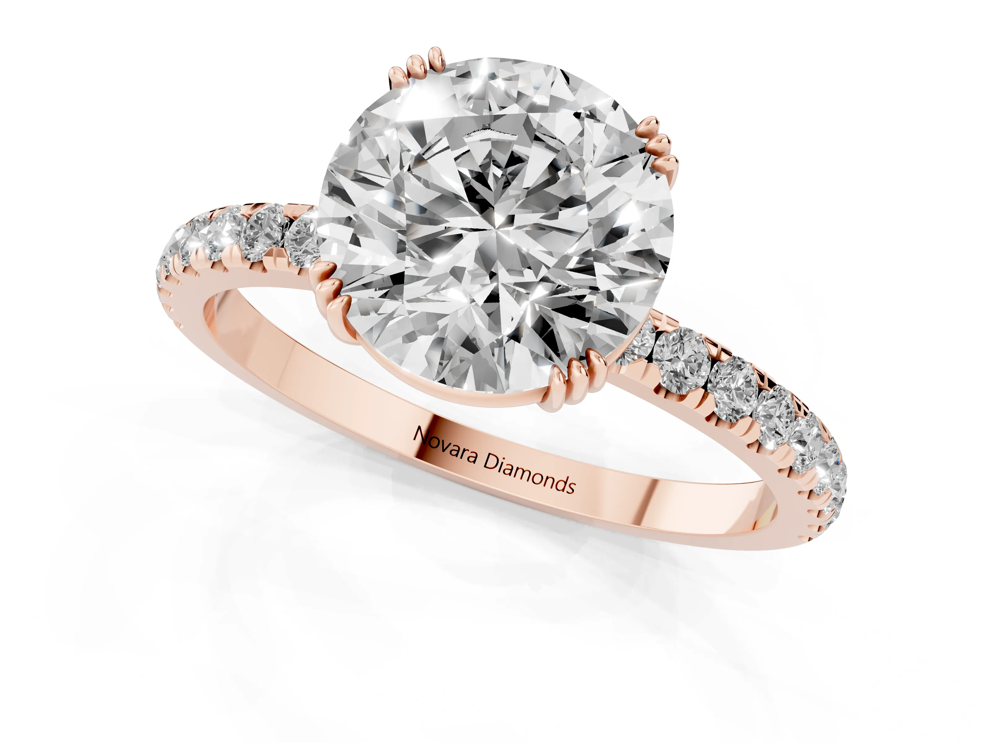 Round Cut Diamond Brilliant Solitaire Set in Rose gold with Pavé Band and Claw Prong Setting