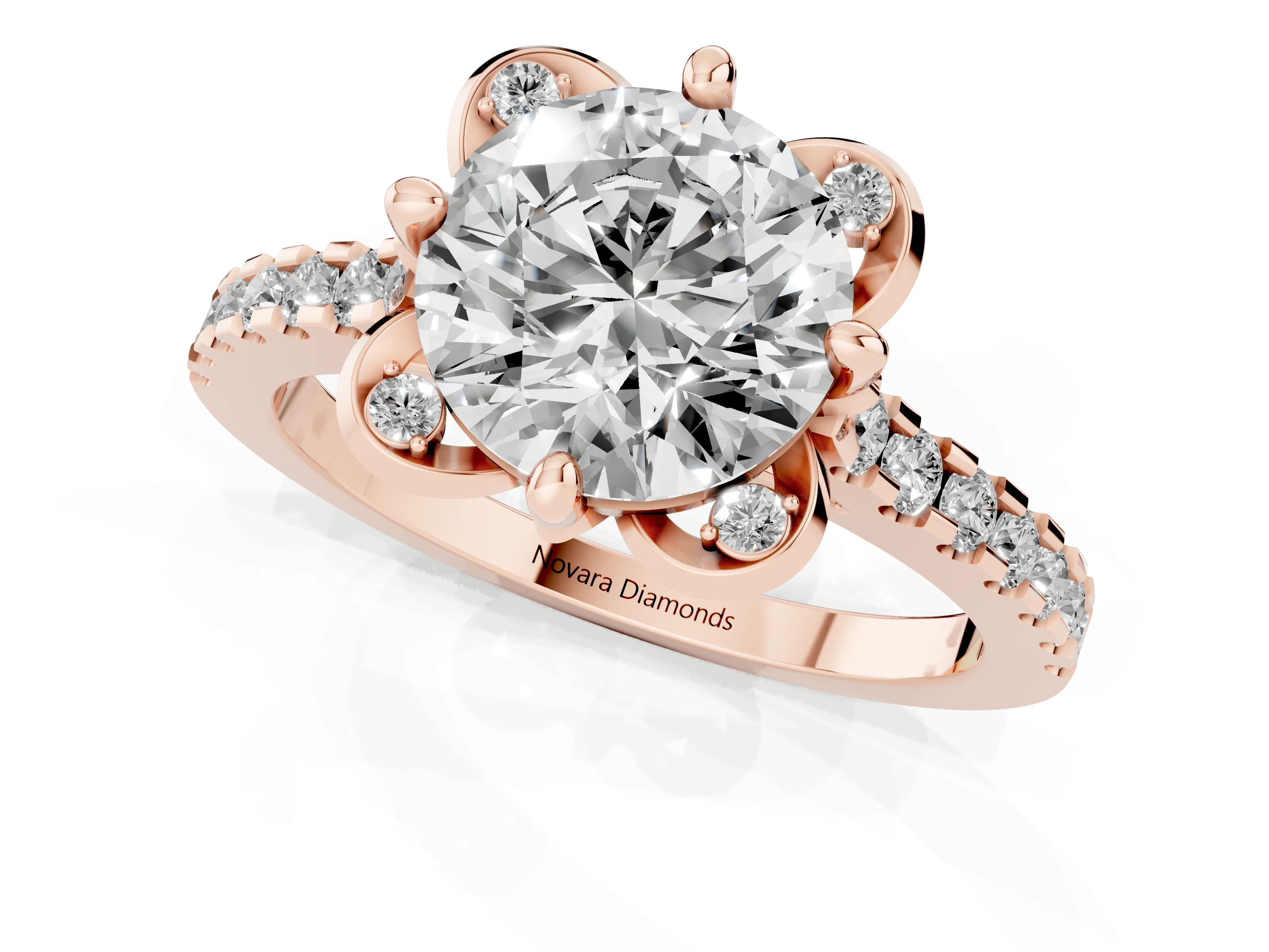 Round Cut Diamond Solitaire Ring Set in Rose gold with Pavé Band and Floral Prong Setting