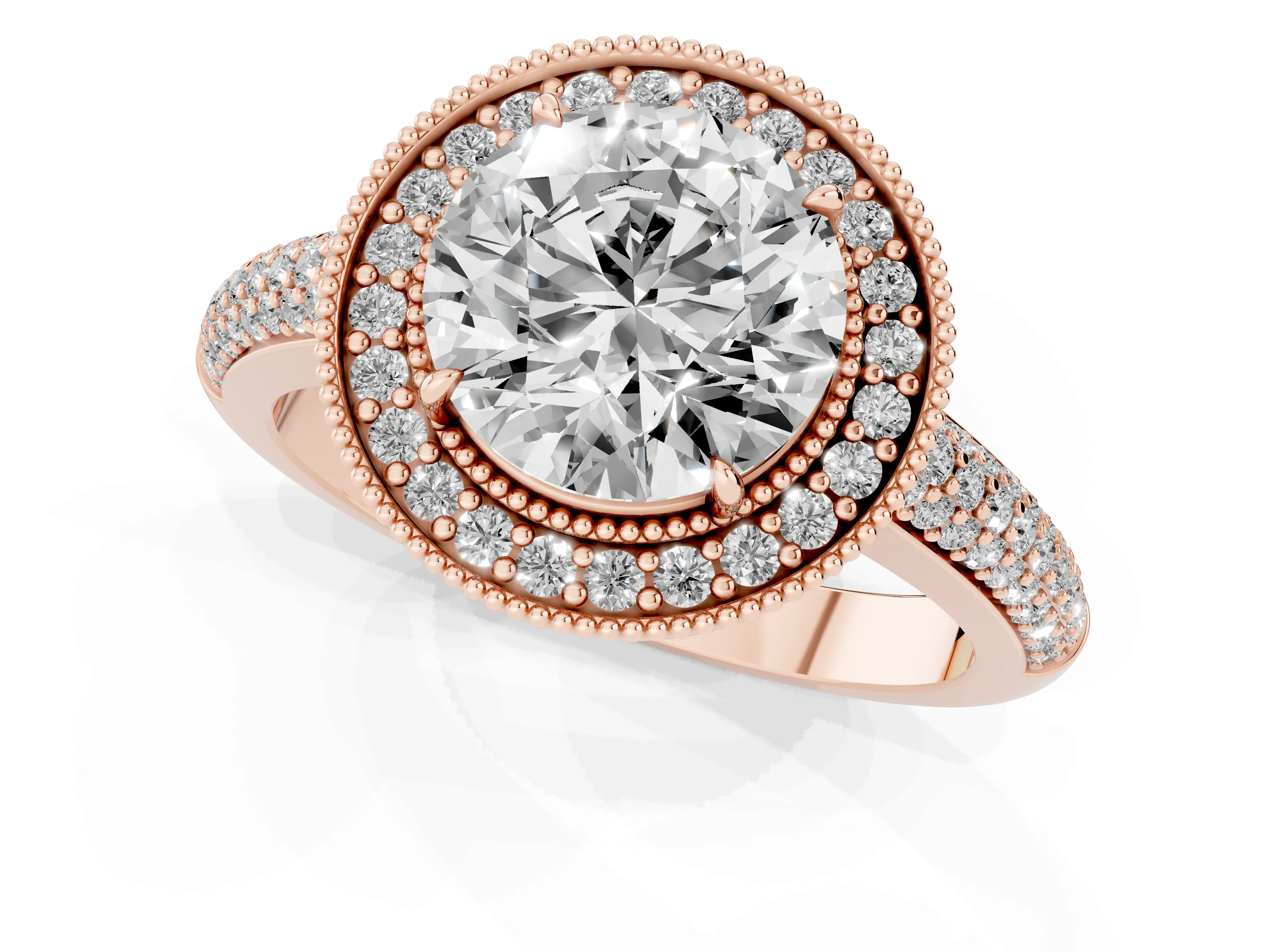 Round Cut Diamond Halo Pavé Band Set in Rose gold with Prong Setting