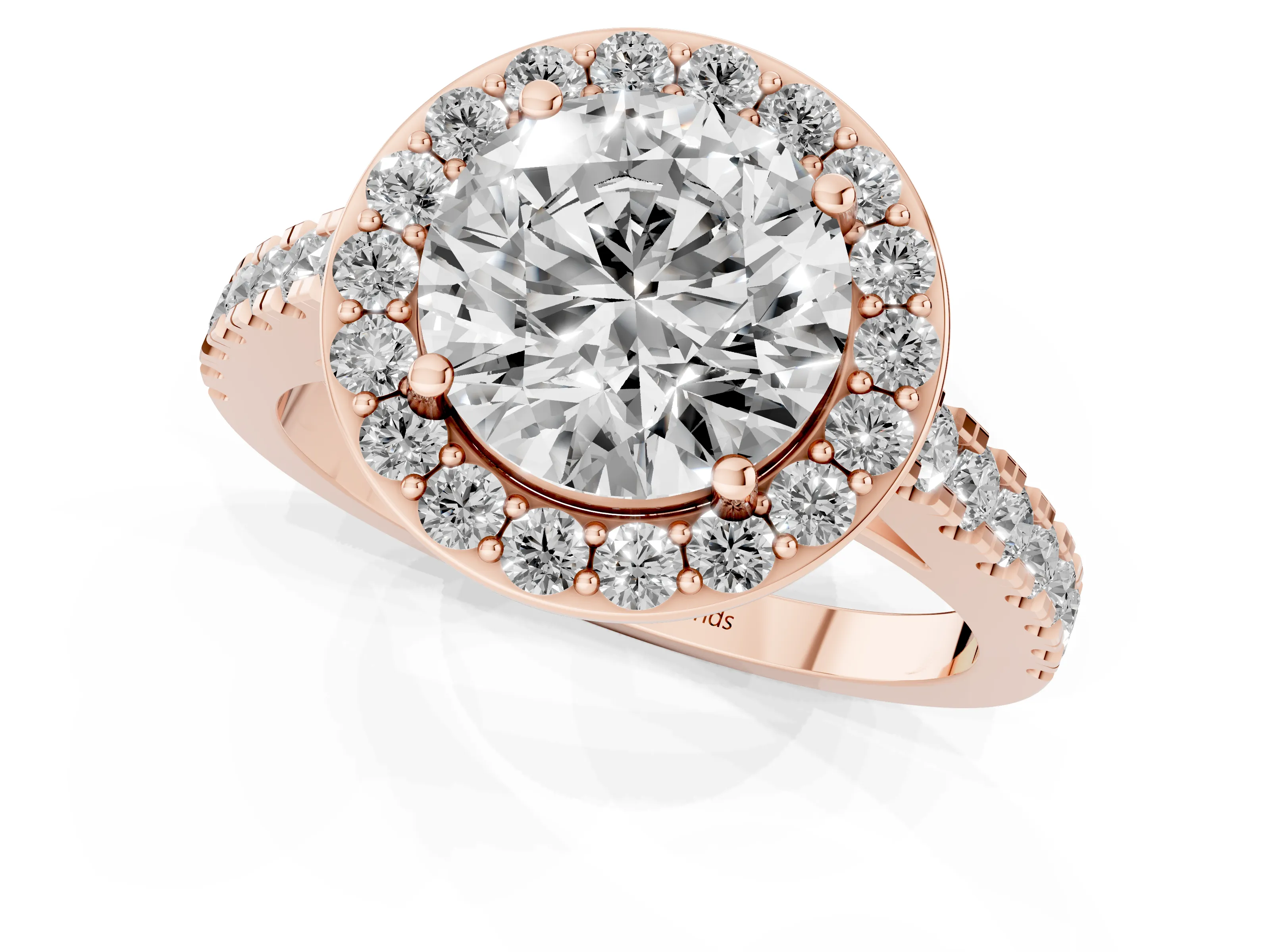 Round Cut Diamond Halo Ring Set in Rose gold with Round Pavé Split Shank and Prong Setting