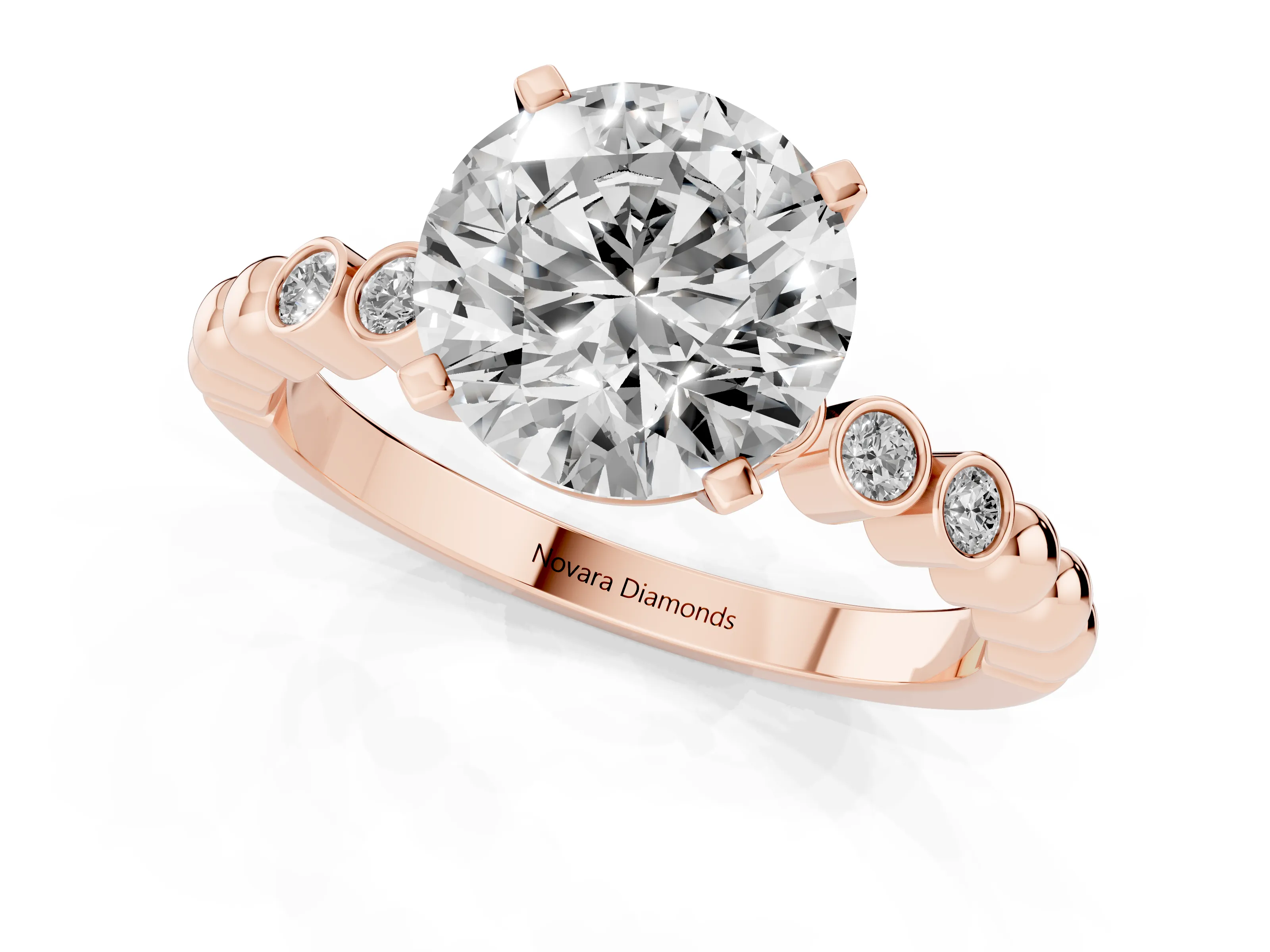 Round Cut Diamond Solitaire Engagement Ring Set in Rose gold with Bezel Accents on Beaded Band – second view