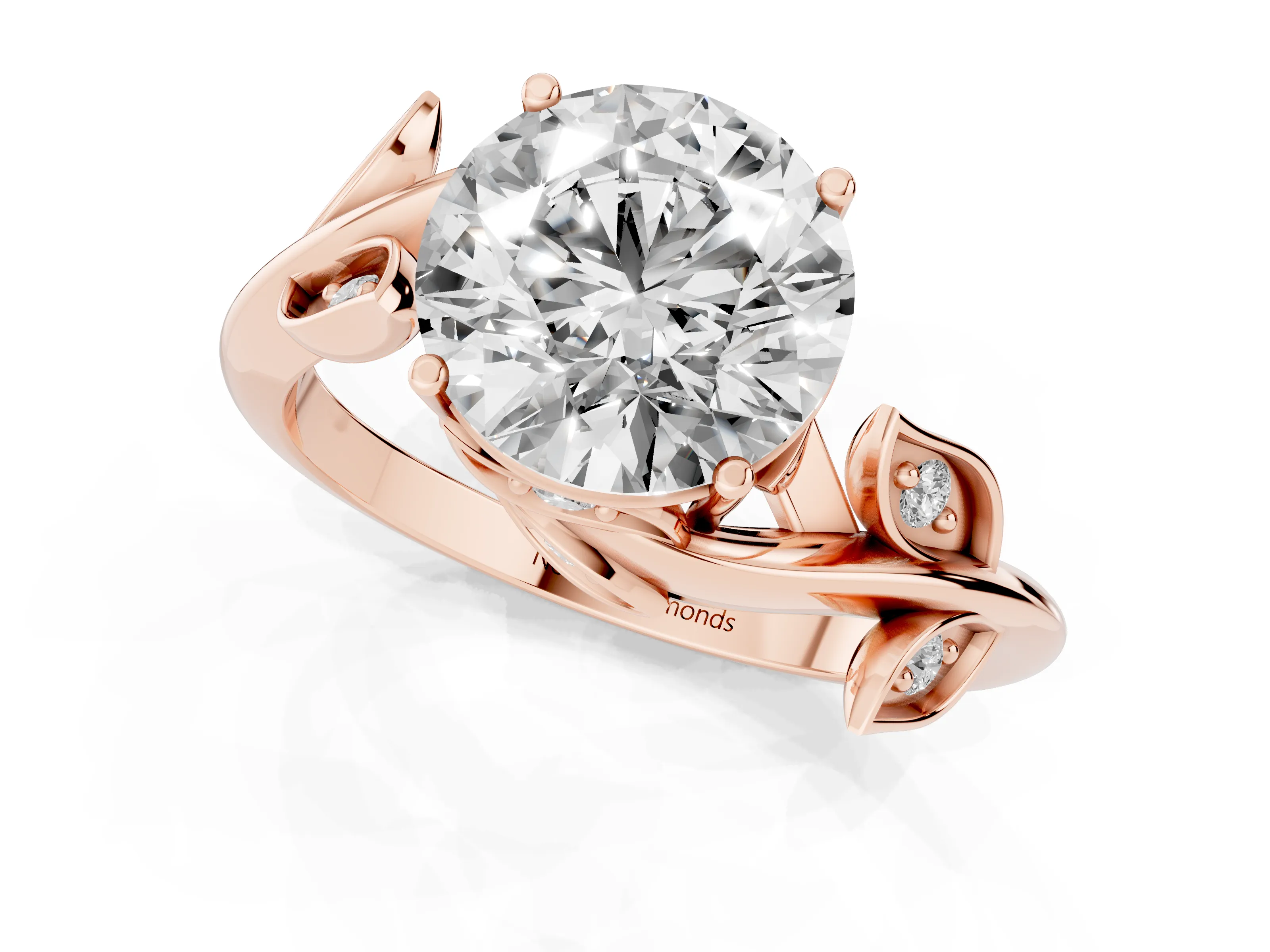 Round Cut Diamond Solitaire Twist Engagement Ring Set in Rose gold with Pavé Leaf Accents