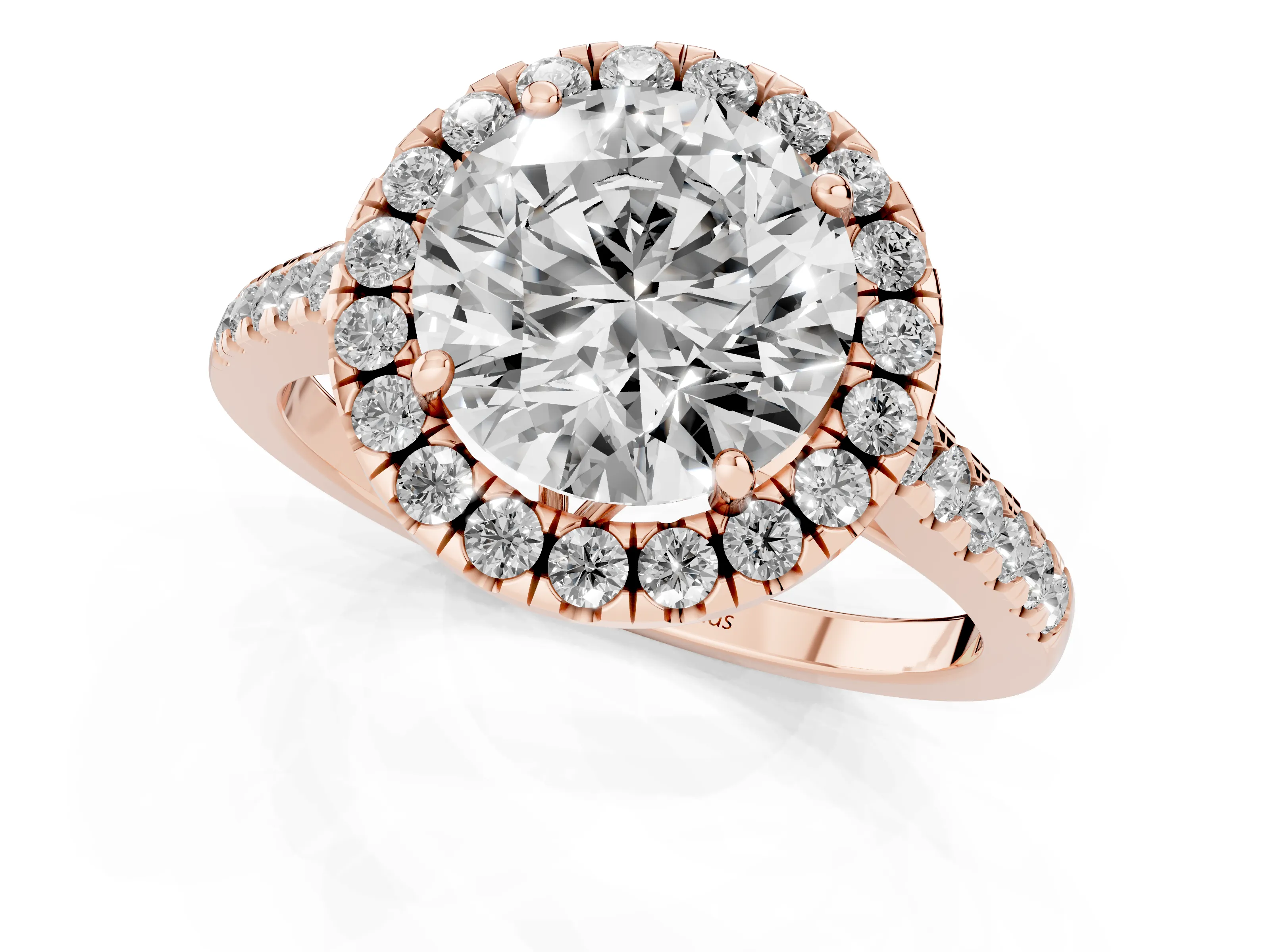 Round Cut Diamond Pavé Halo Engagement Ring Set in Rose gold with Pavé Band and Prong Setting