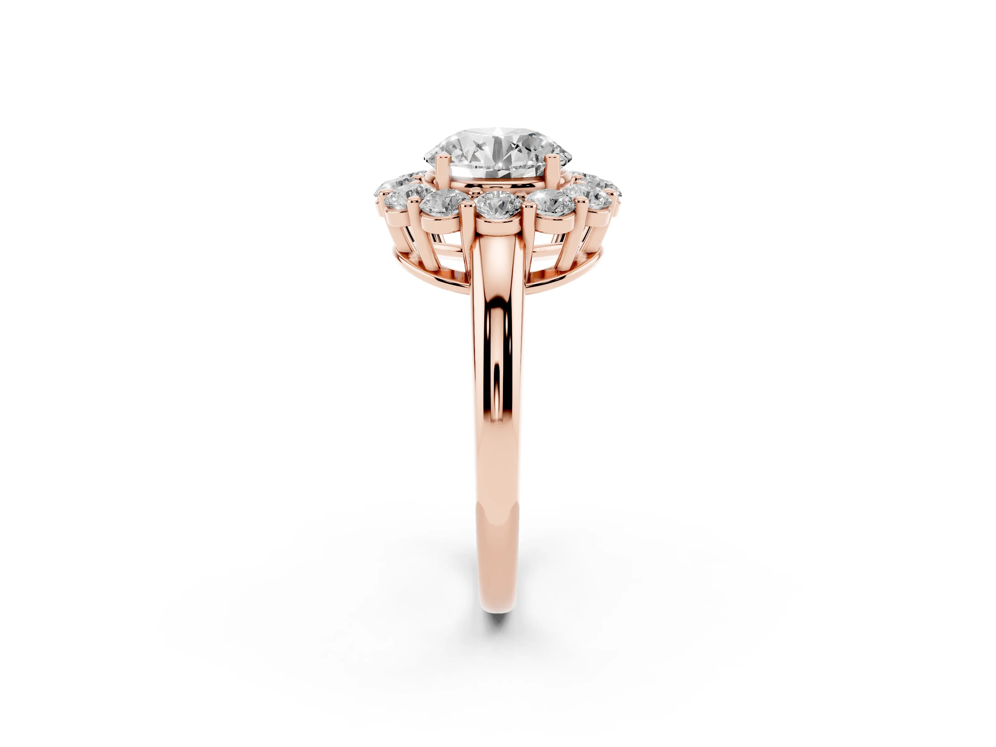 Round Cut Diamond Halo Cluster Engagement Ring Set in Rose gold with Polished Band and Prong Setting