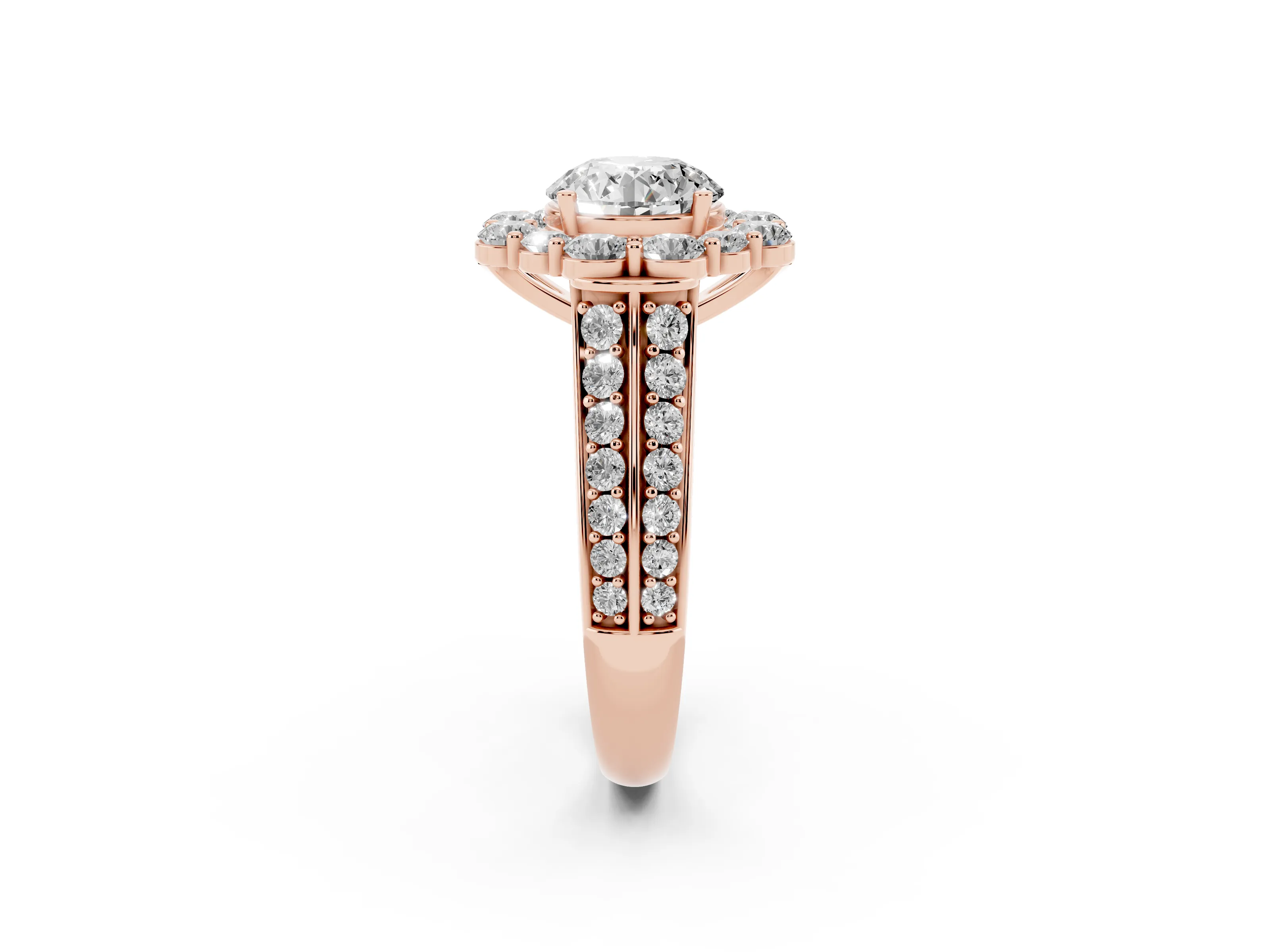 Round Cut Diamond Halo Engagement Ring Set in Rose gold with Split Shank and Prong Setting