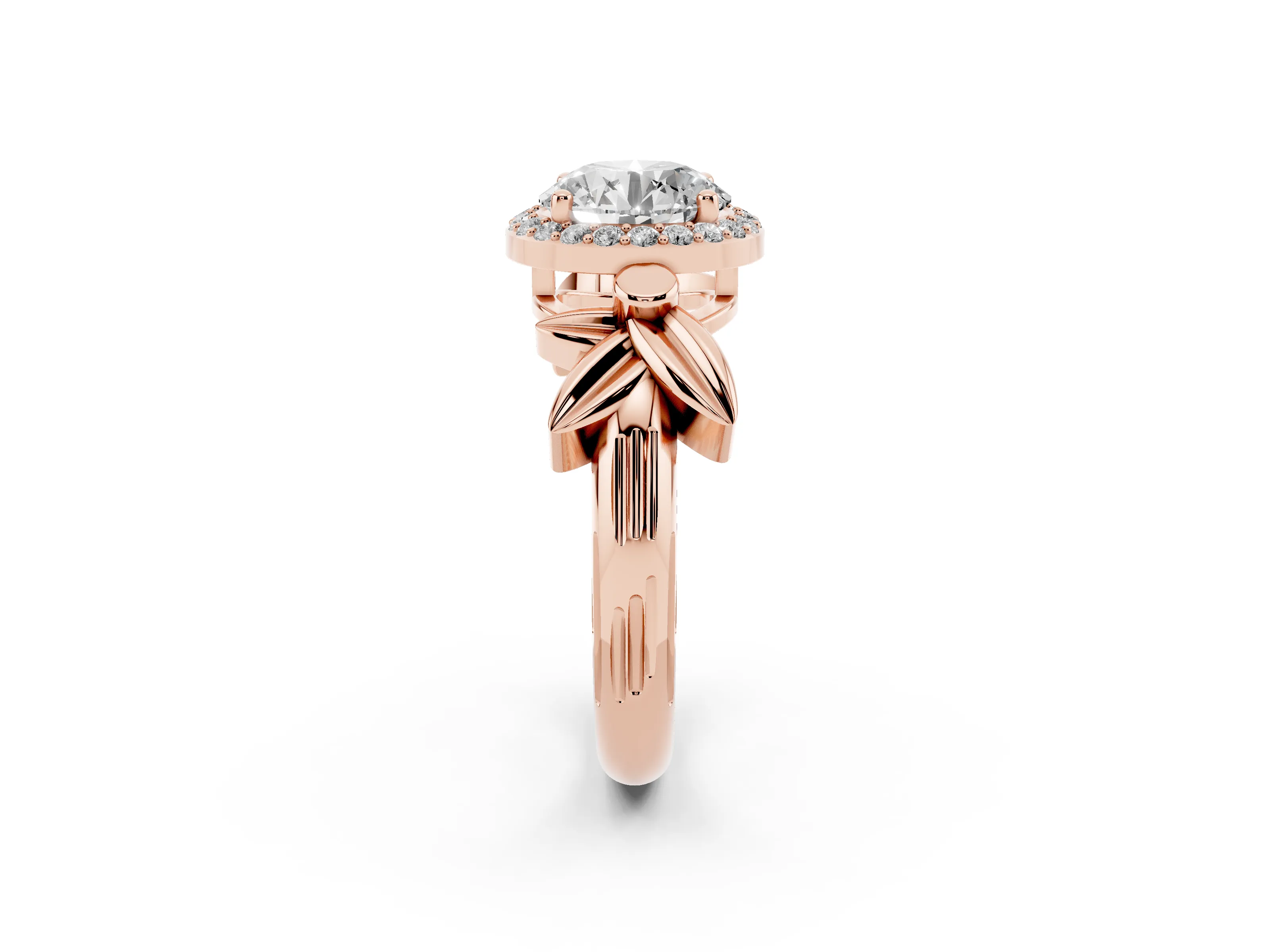 Round Cut Diamond Halo Floral Band Ring Set in Rose gold with Prong Setting