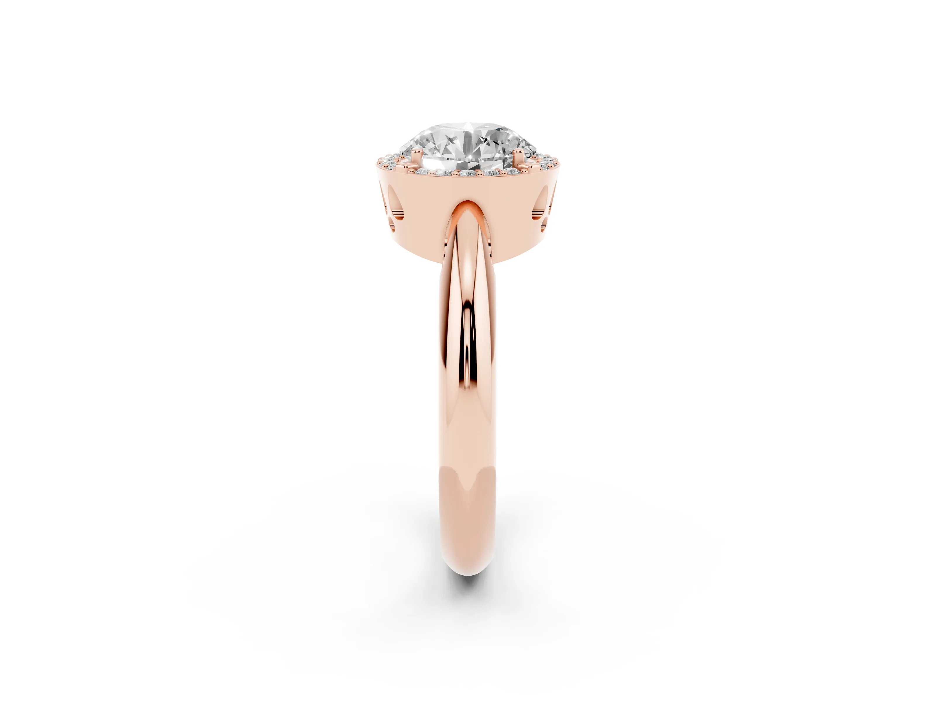 Round Cut Diamond Halo Engagement Ring Set in Rose gold with Plain Split Shank and Prong Setting