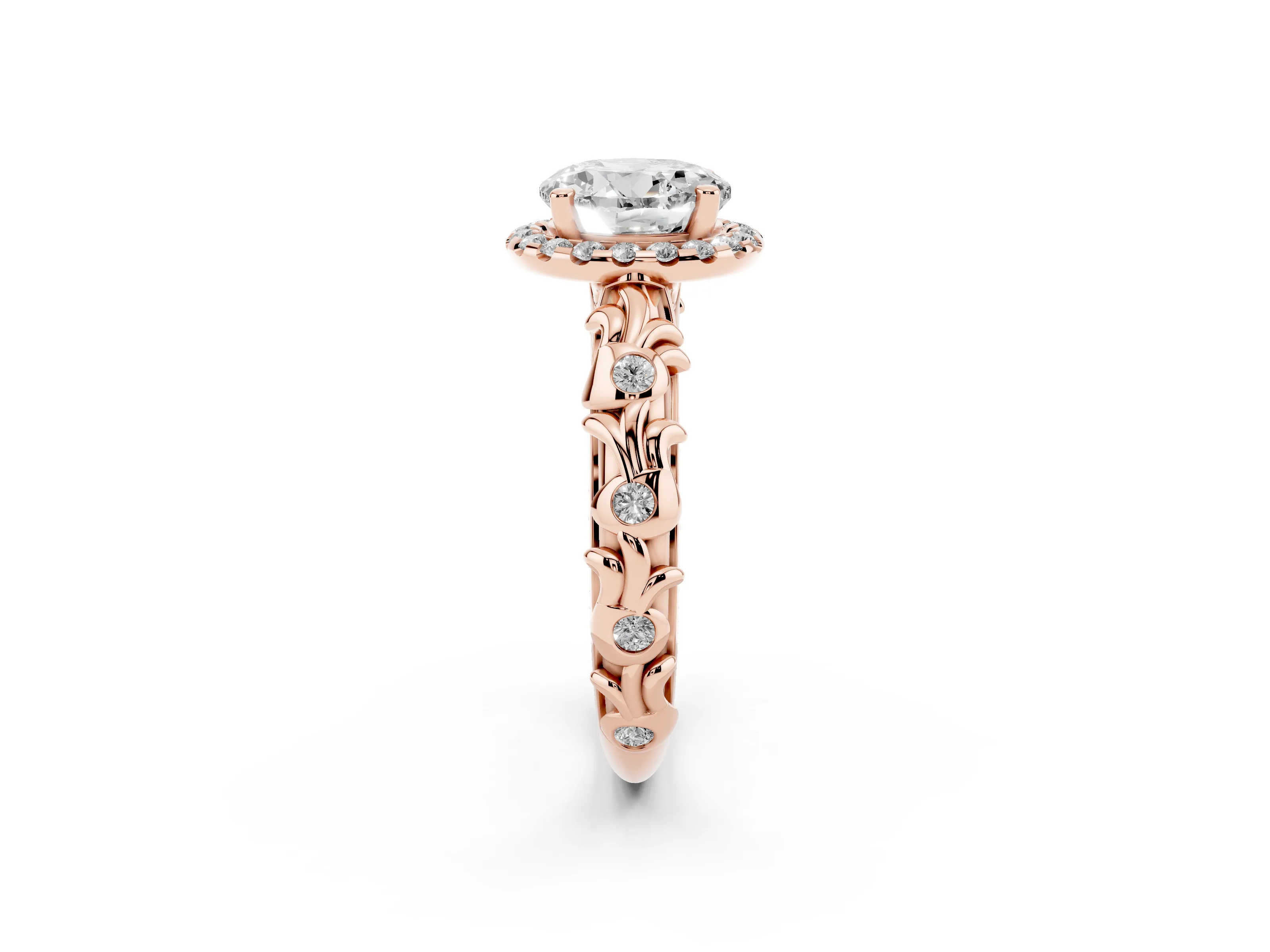 Round Cut Diamond Halo Ring Set in Rose gold with Filigree Leaf Band and Prong Setting
