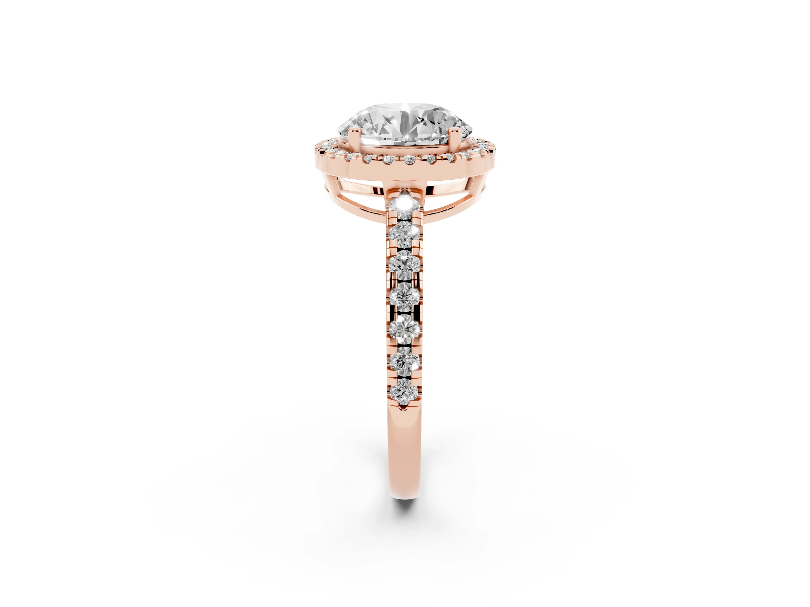 Round Cut Diamond Halo Ring Set in Rose gold with Delicate Pavé Band and Prong Setting