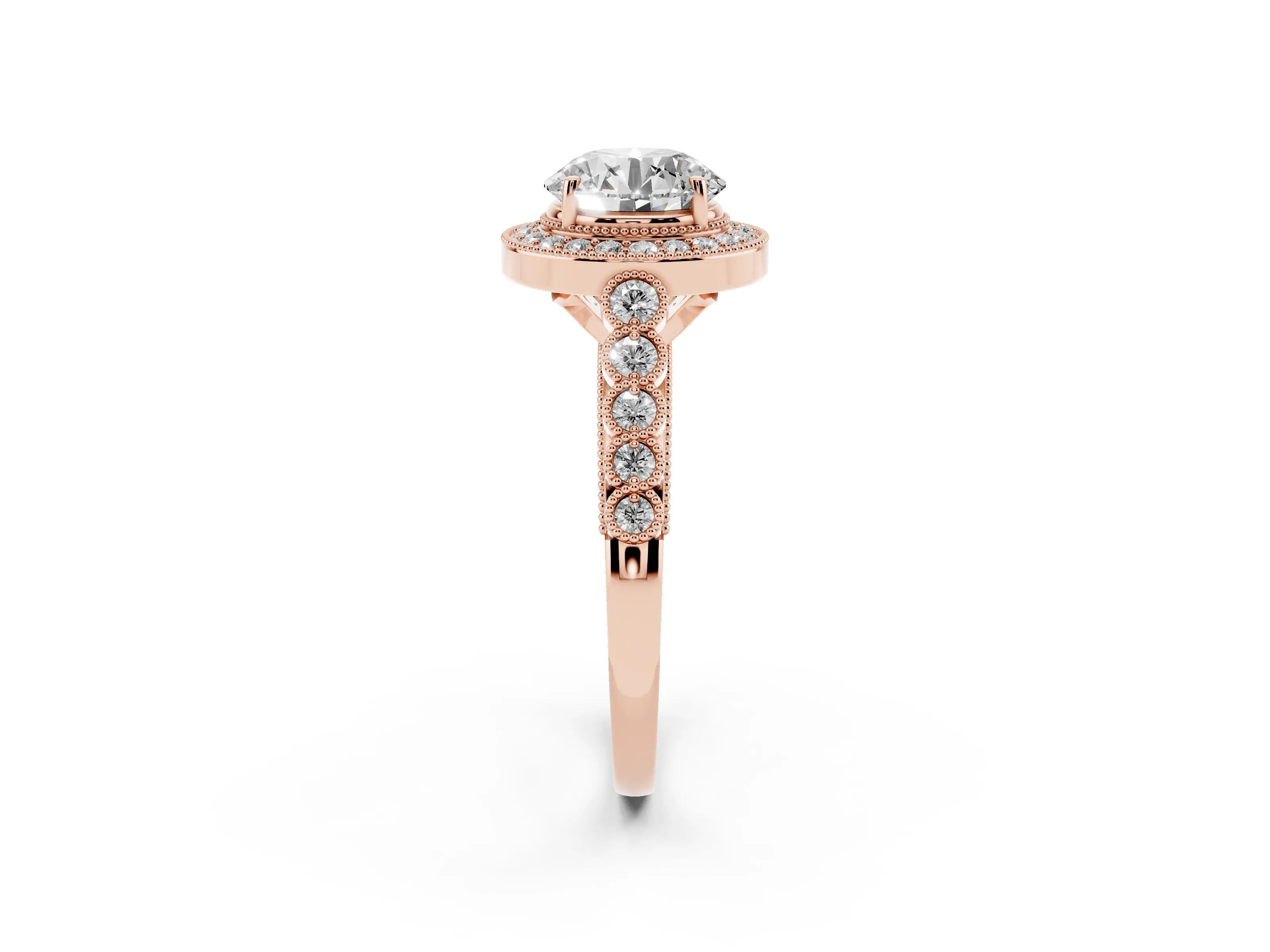 Round Cut Diamond Milgrain Halo Solitaire Ring Set in Rose gold with Bezel Set Side Stones and Pavé Band