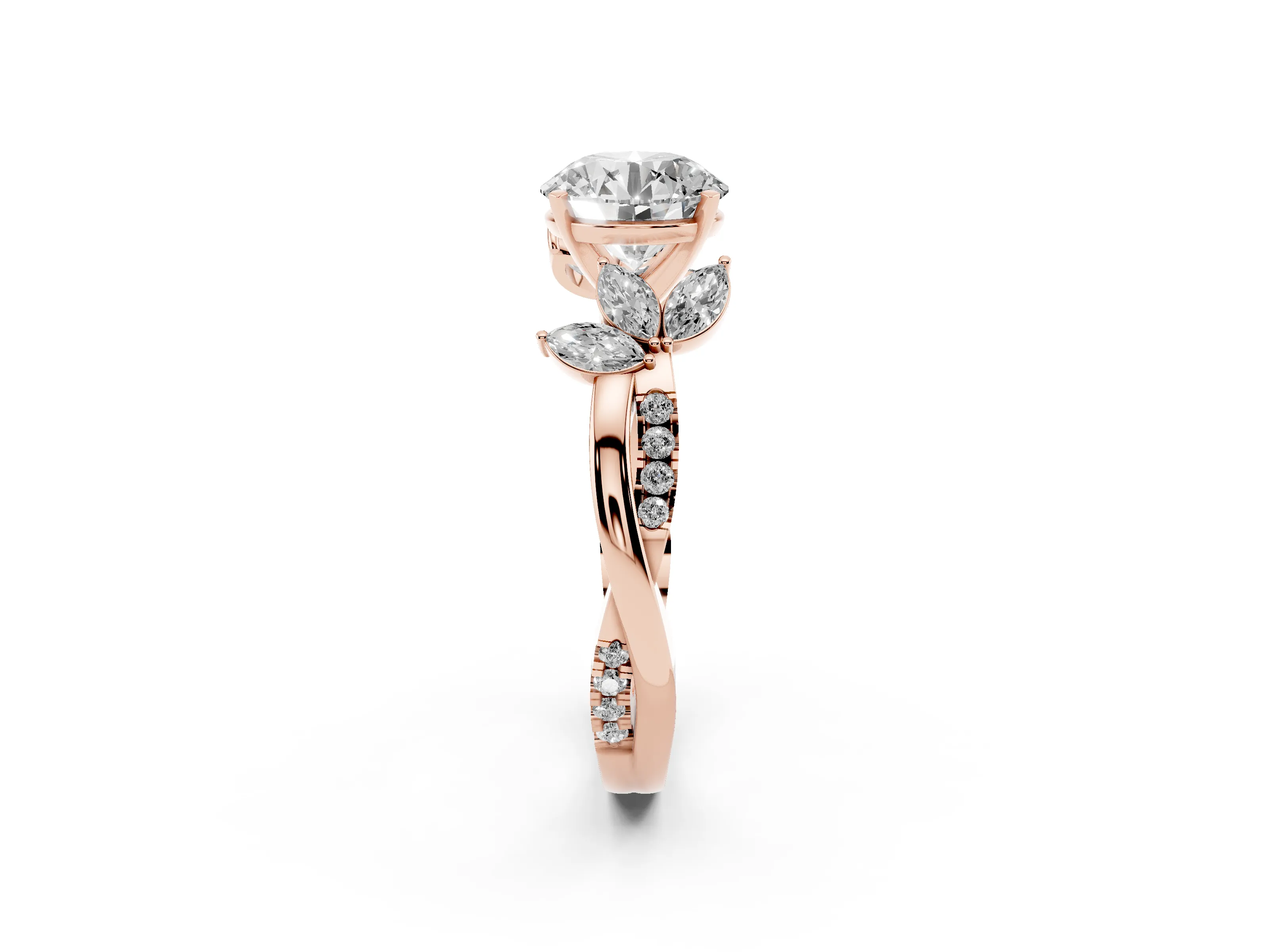 Round Cut Diamond Floral Vine Solitaire Engagement Ring Set in Rose gold with Marquise Leaves