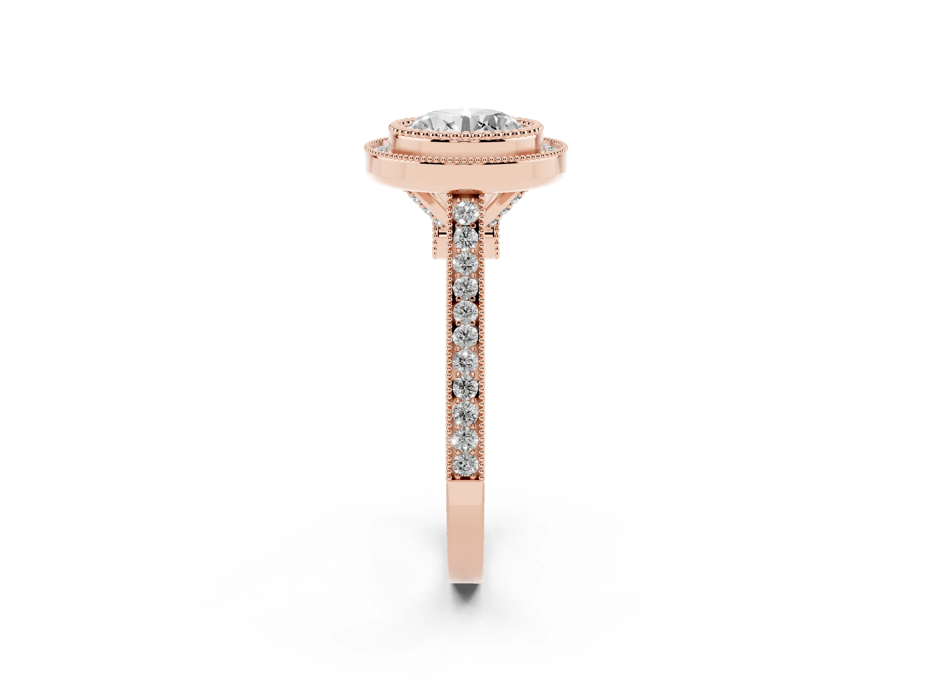 Round Cut Diamond Halo Ring Set in Rose gold with Milgrain Frame and Pavé Band