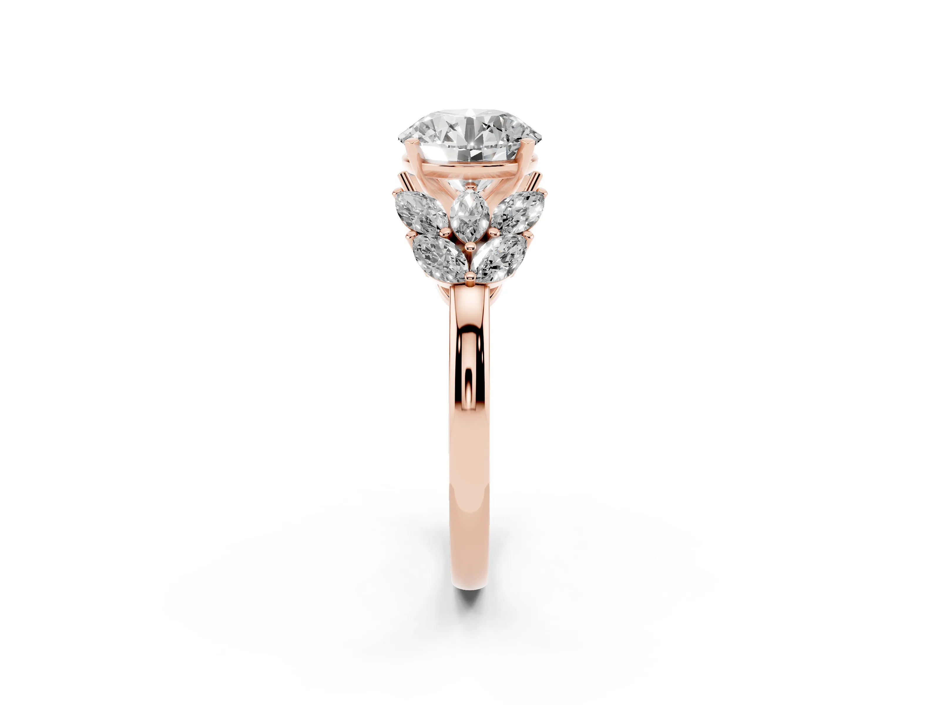 Round Cut Diamond Cluster Leaf Design Ring Set in Rose gold with Prong Setting