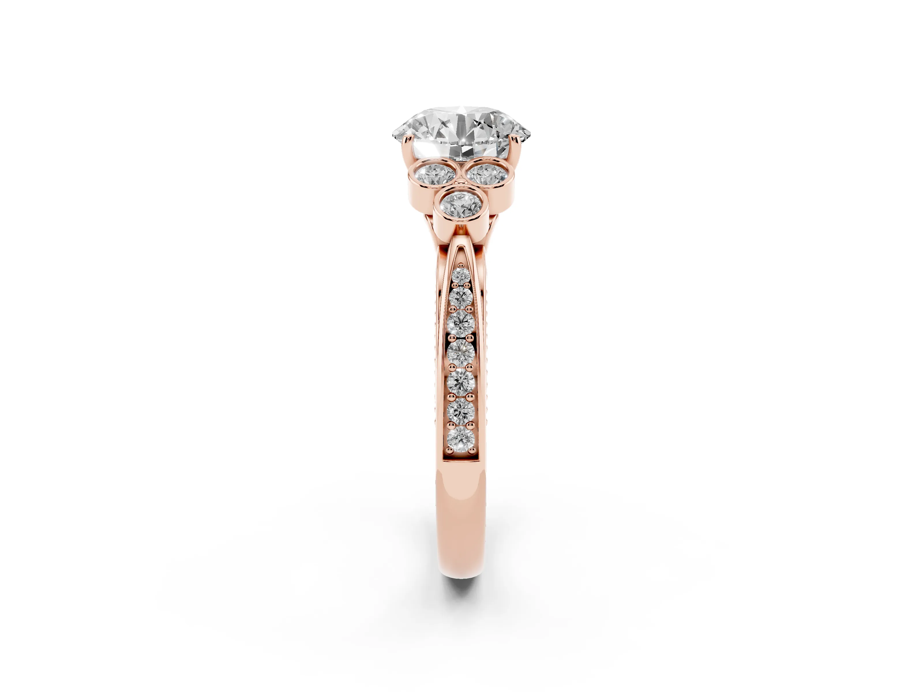 Round Cut Diamond Engagement Ring Set in Rose gold with Bezel Set Round Side Stones and Prong Setting
