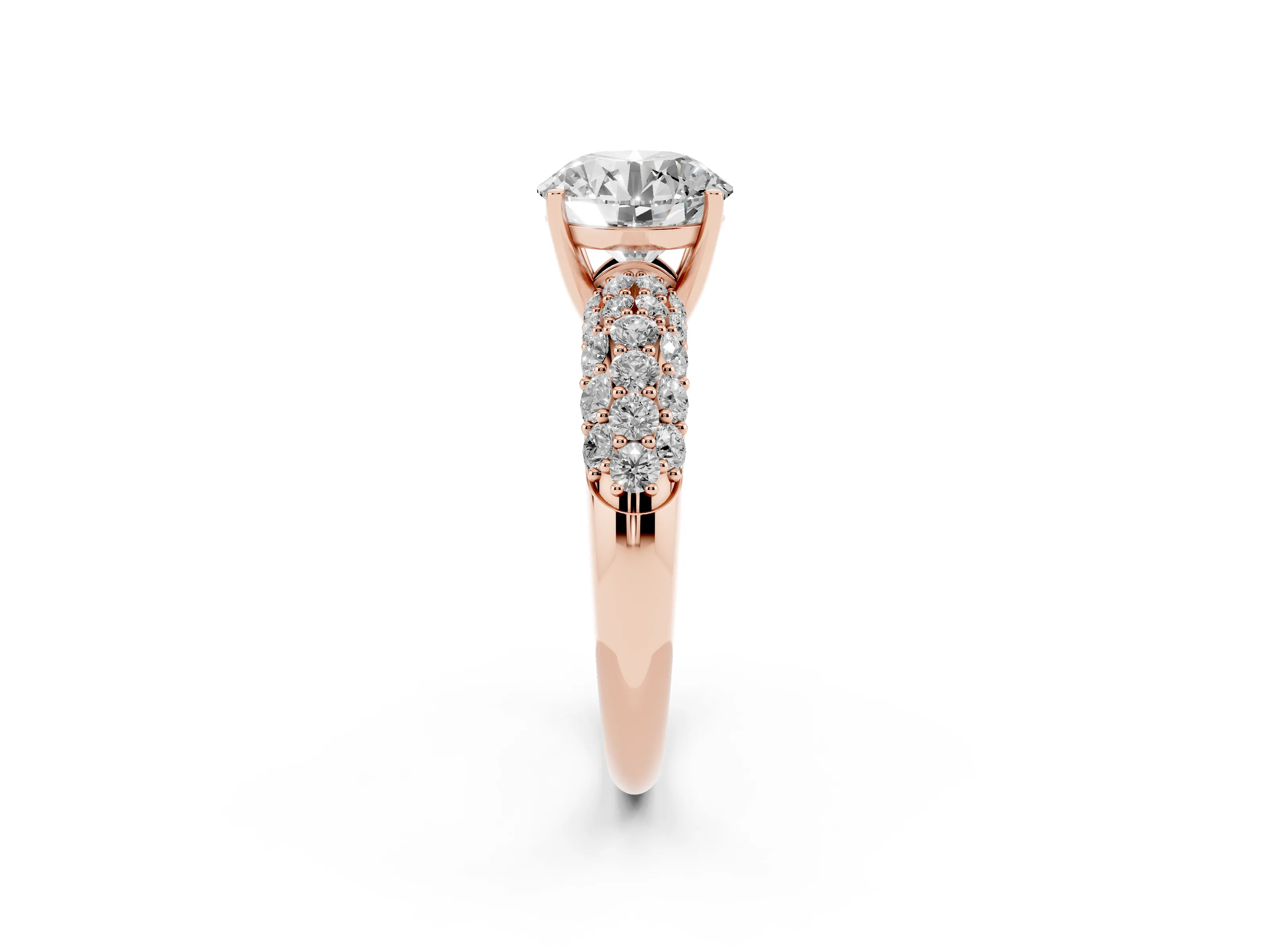 Round Cut Diamond Pavé Band Solitaire Ring Set in Rose gold with Close-Set Accent Stones and Prong Setting