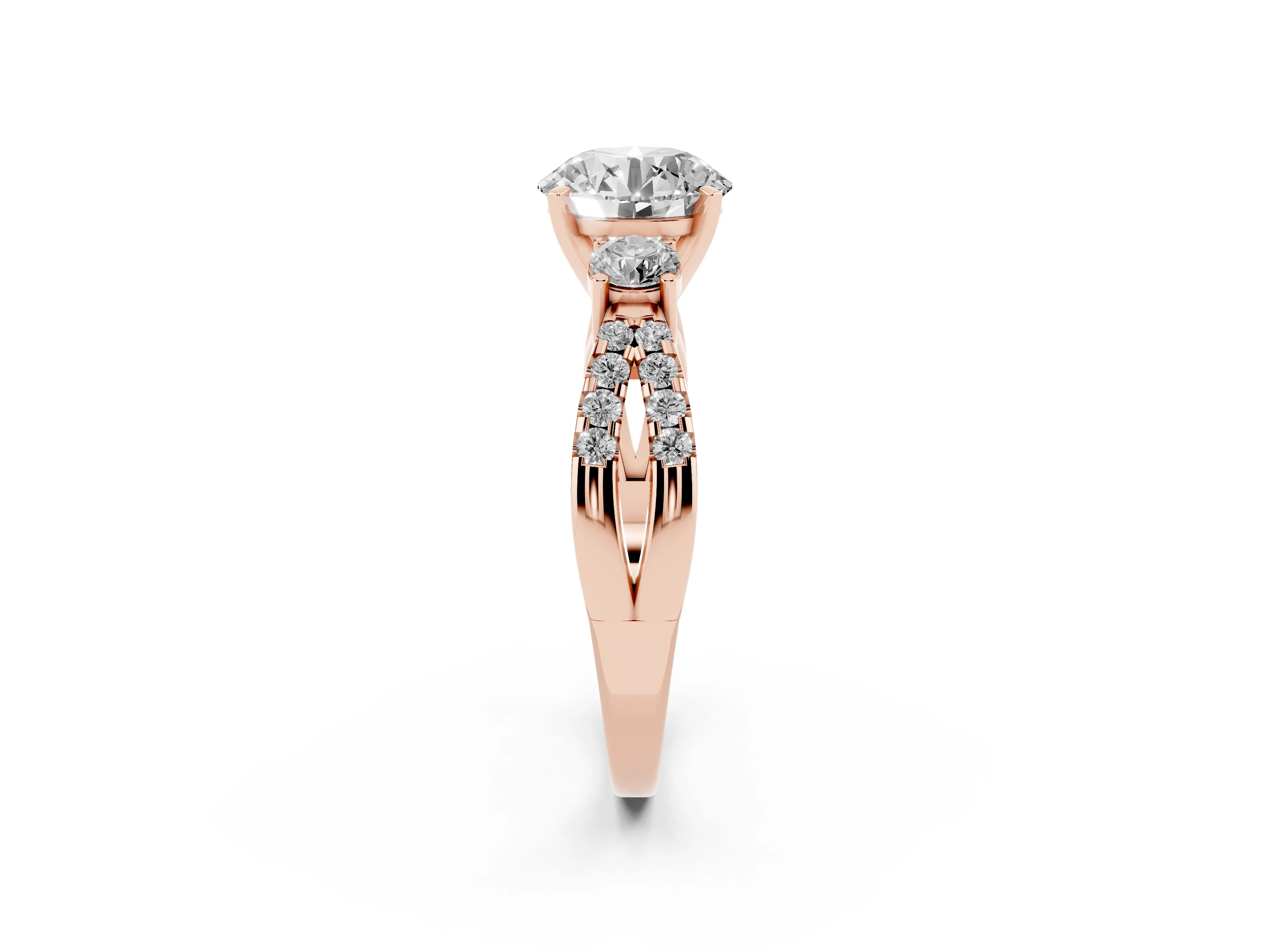 Round Cut Diamond Three-Stone Ring Set in Rose gold with Pavé Split Shank and Prong Setting